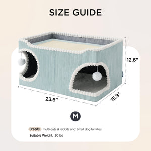 Large Cat Beds for Indoor Cats - Extra Wide Cat House with Scratch Removable Top Sisal Pad for Multi Cats, Foldable Cave Hideaway for Entertainment, 23.6x15.9x12.6inches, Blue