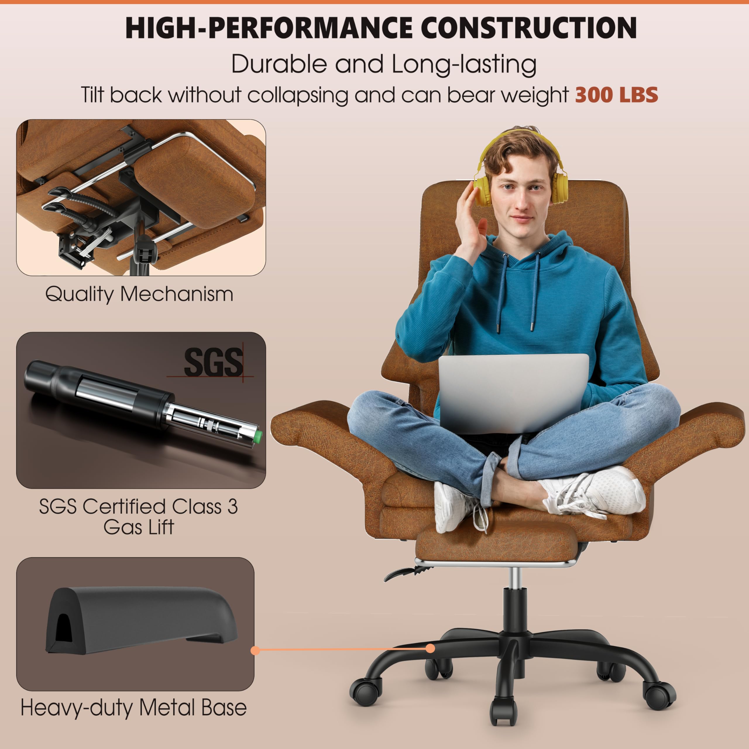 C39 Cross Legged Office Chair with Footrest & Convertible Armrests-Pet-Friendly Criss Cross Home Desk Chair, Ergonomic Big and Tall Executive Chair with Lumbar Pillow