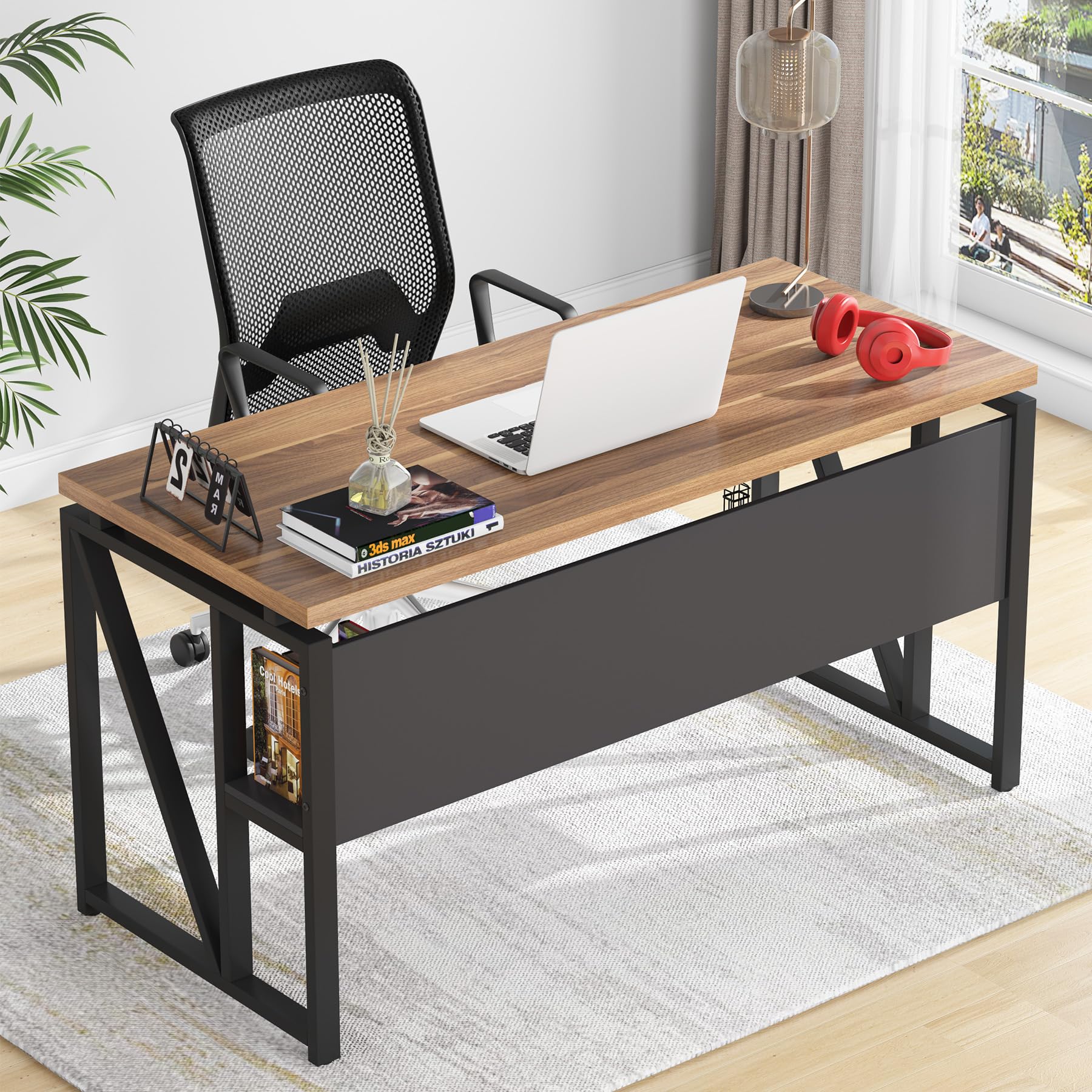 55-inch L Shaped Desk with Drawer Cabinet, Executive Computer Desk and lateral File Cabinet, 2 Piece Home Office Furniture with Drawers for Hanging File, Doors with Locks (Brown, 55 inches)