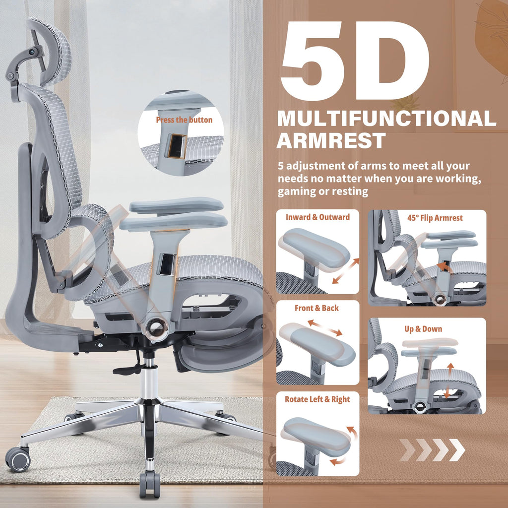 Ergonomic Office Chair with Footrest-Mesh Desk Chair with Adjustable Headrest, 5D Armrests, 3D Lumbar Support & Adjustable Backrest, High Back Swivel Computer Chairs, Heavy Duty Metal Base 400lbs