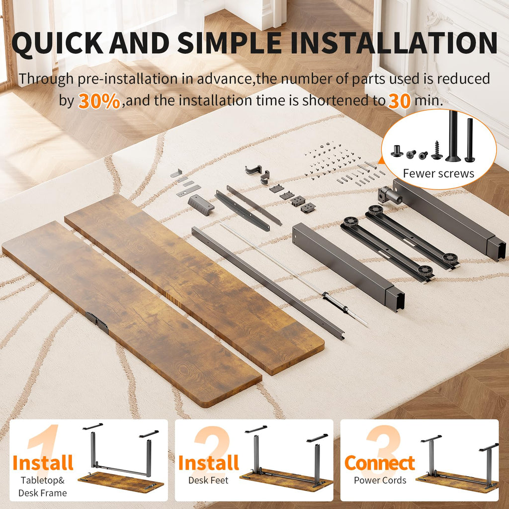 55 Inch Large Electric Standing Desk, Heights Adjustable, Sit to Stand Up, Work Home Office Computer Table for Study, Walking Pad, Writing, and Games, Wooden Desktop Desks, Brown