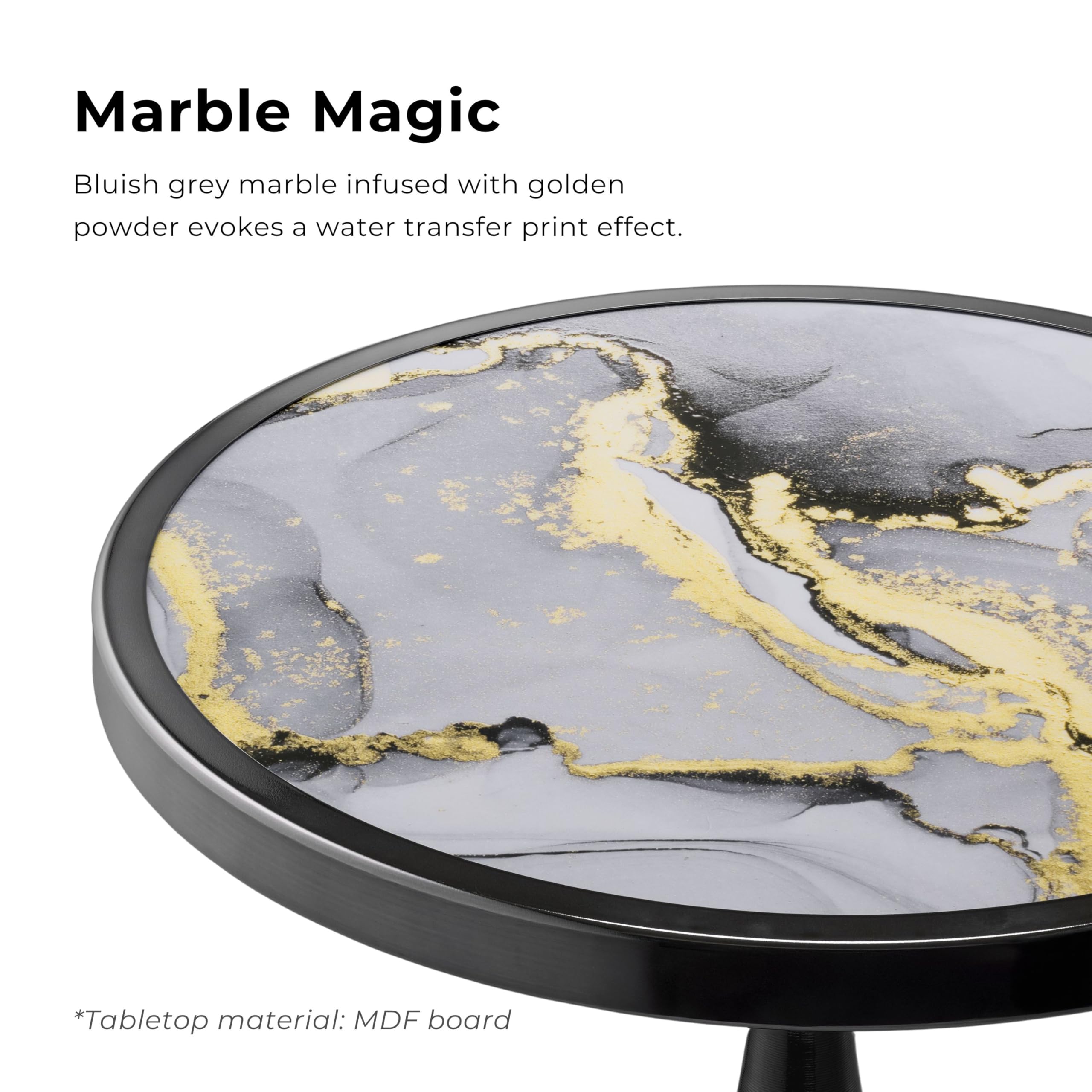 Modern 24" Tall Round End Table with Decorated Tabletop and Iron Metal Base, Accent Furniture, Elegant Pedestal Stand for Living Room, Home Office, Black with Faux Marble