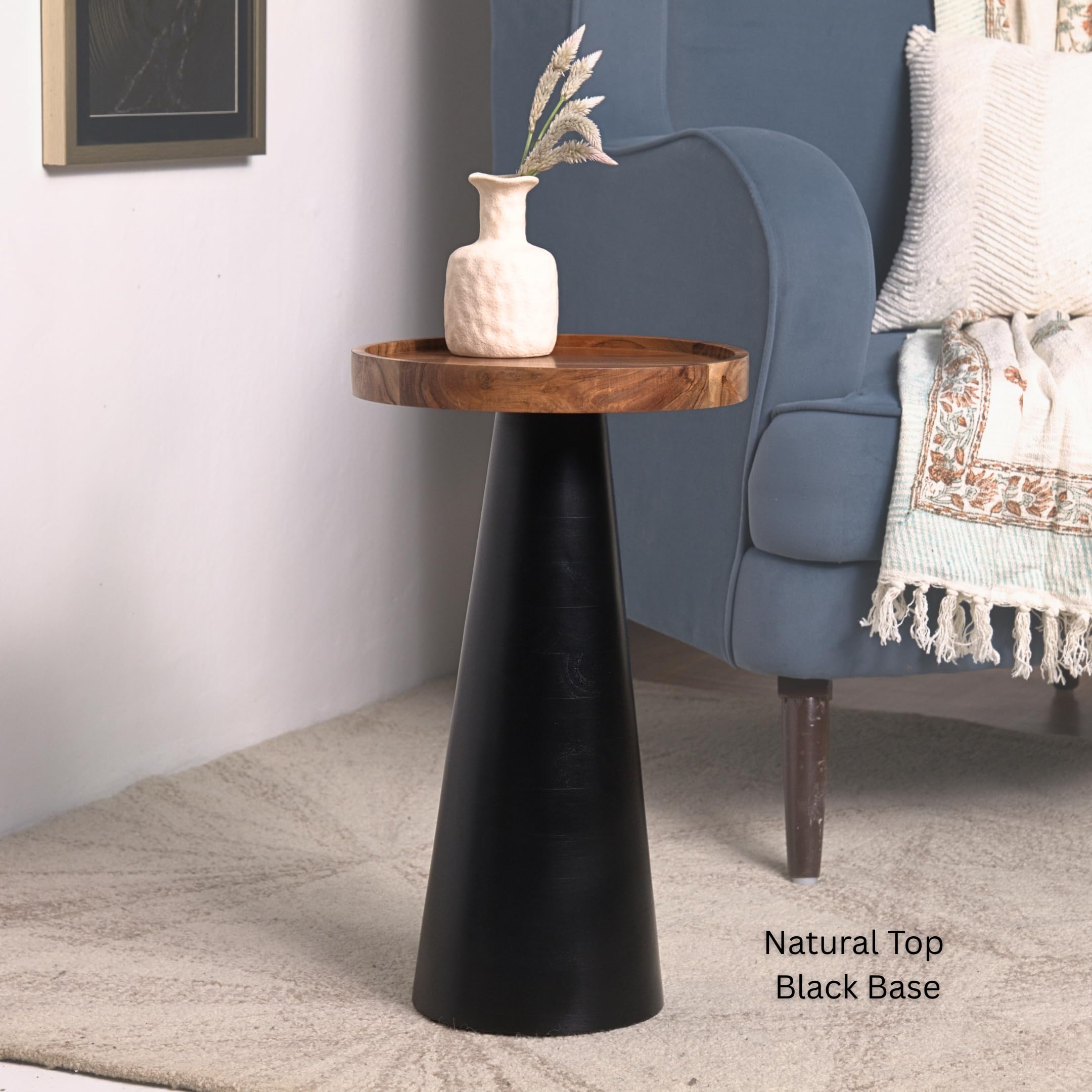 Mid-Century Farmhouse Cottagecore Accent End Table, Solid Wood Side Table with Tray Top,Pedestal Martini Table, Handmade Plant Stand Rustic Drink Table for Living Room, Bedroom, Black,Assembled