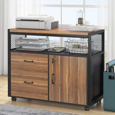 55-inch L Shaped Desk with Drawer Cabinet, Executive Computer Desk and lateral File Cabinet, 2 Piece Home Office Furniture with Drawers for Hanging File, Doors with Locks (Brown, 55 inches)