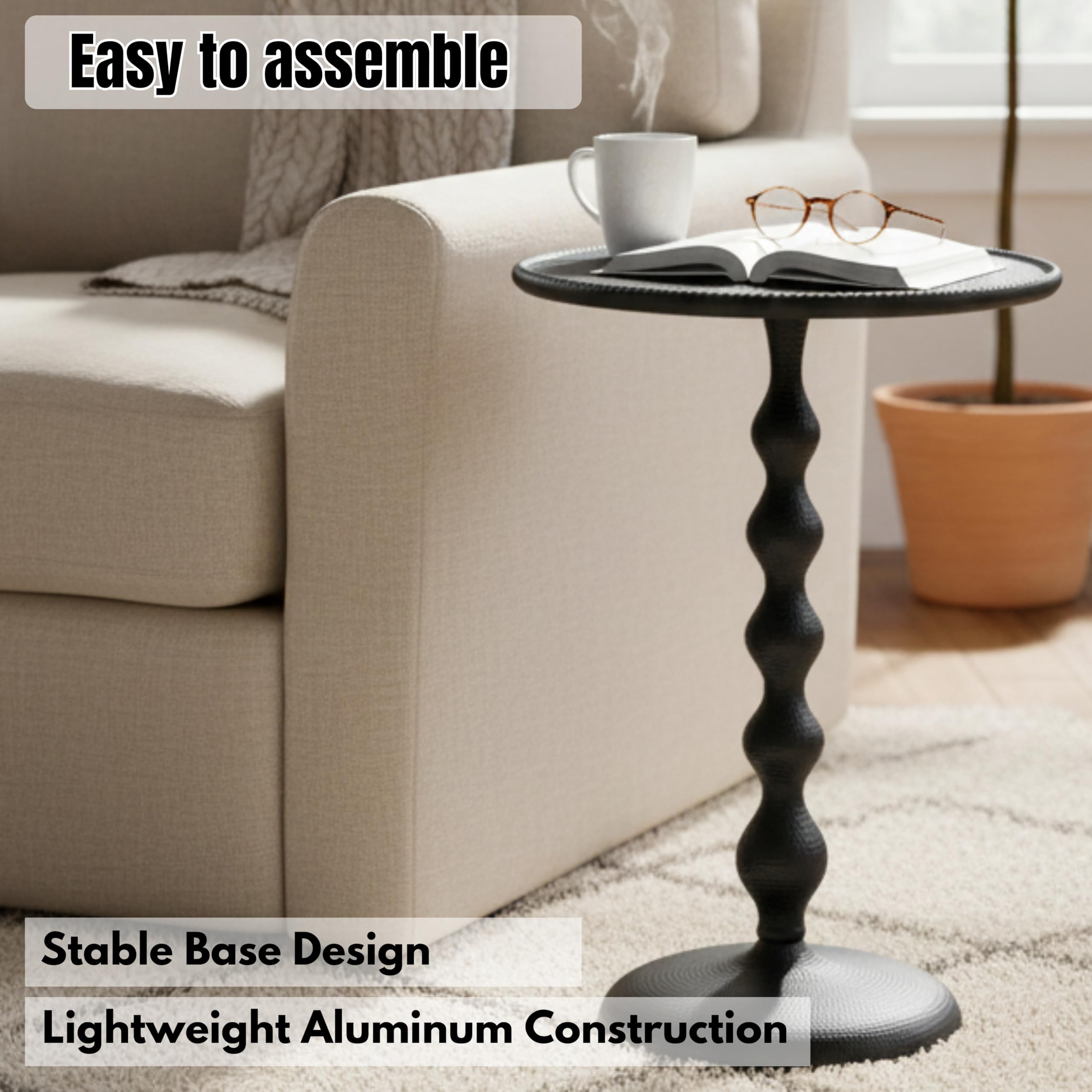 Round Metal End Tables for Living Room, Modern Metal Accent, Modern Side Table, Bedroom Nightstand, Small Coffee, Space-Saving, Easy Assembly 14.5" (Black)