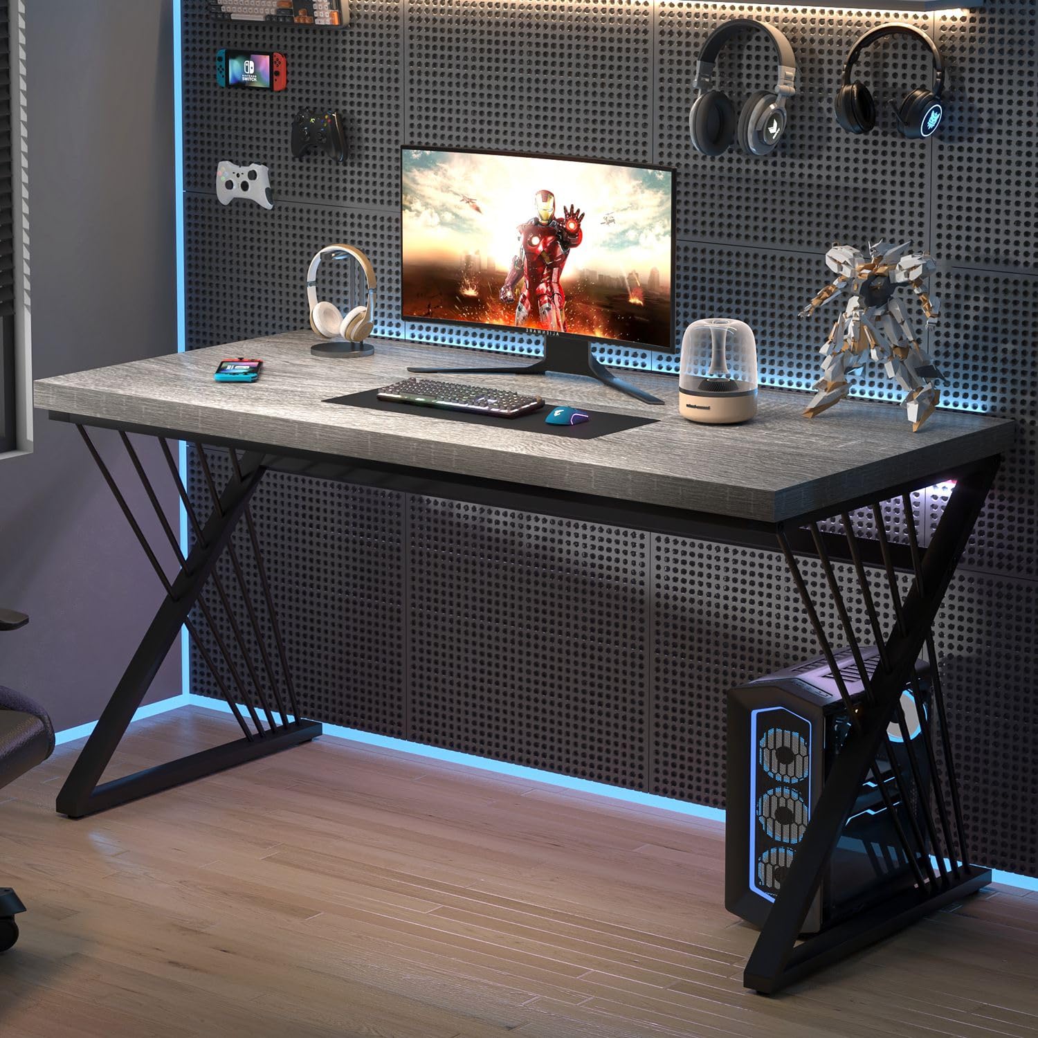 Modern Desk, Rustic Wood and Metal Computer Desk for Home Office, Simple Study Writing Gaming Table for Bedroom Living Room, Light Grey, 53 Inch