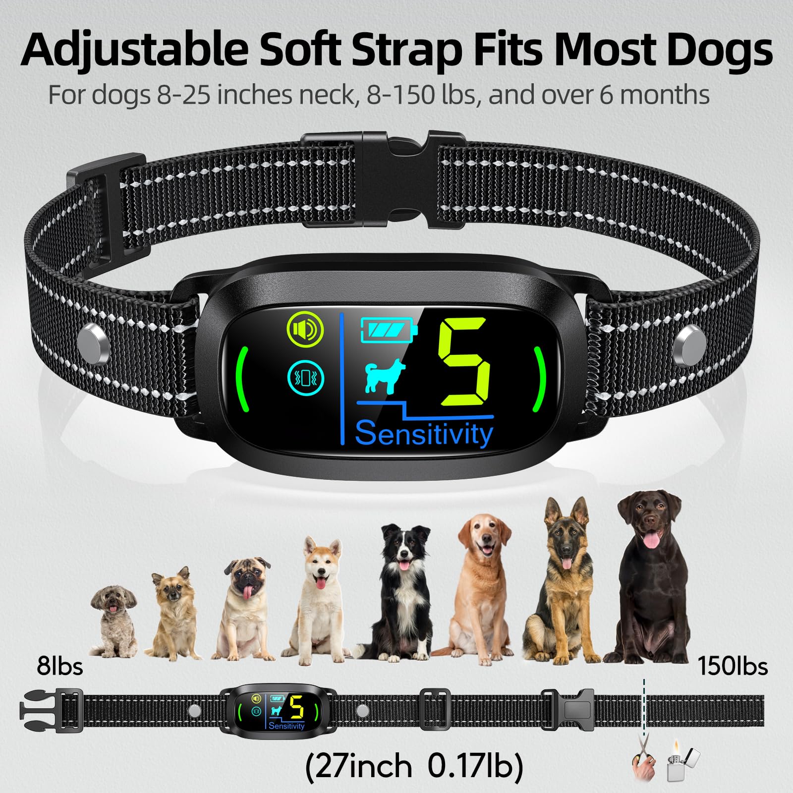 Dog Bark Collar for Large Medium Small Dogs, Rechargeable Smart Bark Collar, Anti Barking Training Collar with 5 Adjustable Sensitivity Beep Vibration (Black)