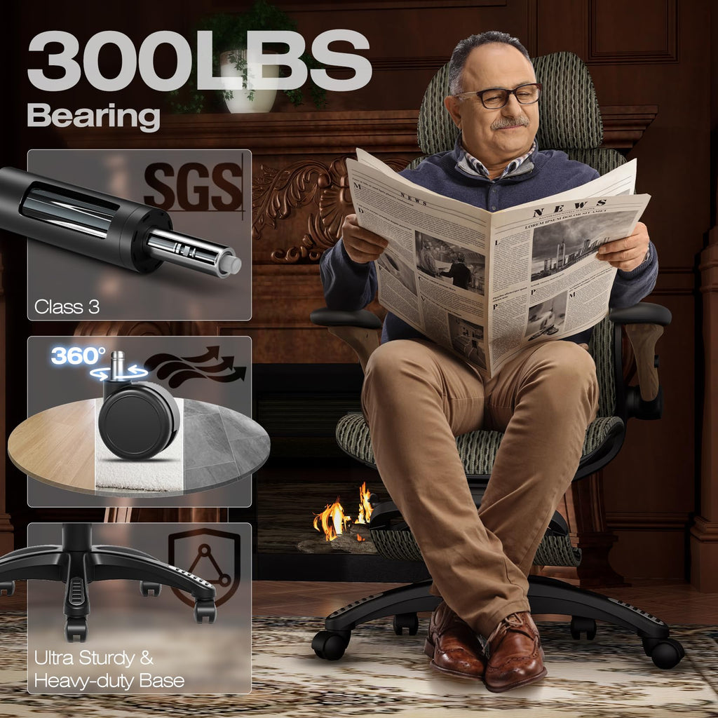 Ergonomic Office Chair with Footrest, Big and Tall Home Desk Chair with 5D Flip-Up Arms, Adjustable 3D Lumbar Support,High Back Rolling Computer Chair, Swivel Mesh Chairs (Coffee Break)