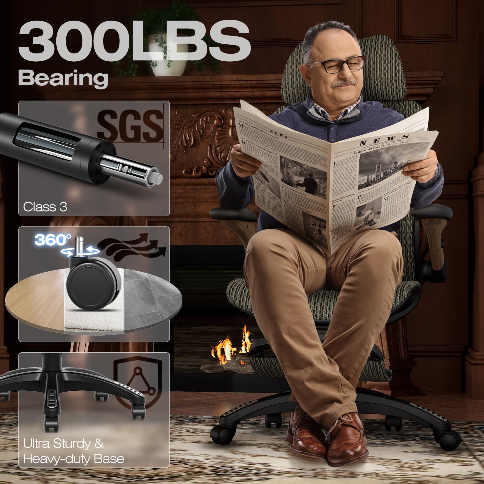 Ergonomic Office Chair with Footrest, Big and Tall Home Desk Chair with 5D Flip-Up Arms, Adjustable 3D Lumbar Support,High Back Rolling Computer Chair, Swivel Mesh Chairs (Coffee Break)