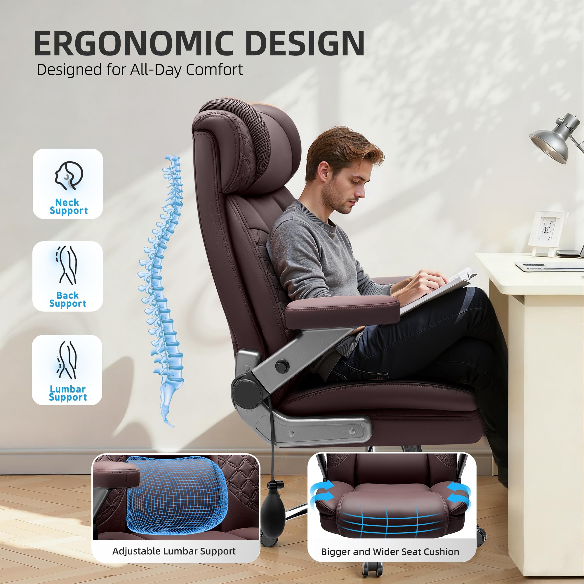 Office Desk Chair, Big and Tall Executive Office Computer Chair, Extra Wide 500LBS Heavy Duty Office Chair, High Back Ergonomic Office Gaming Chair with Adjustable Lumbar Support & 5D Flip Arms