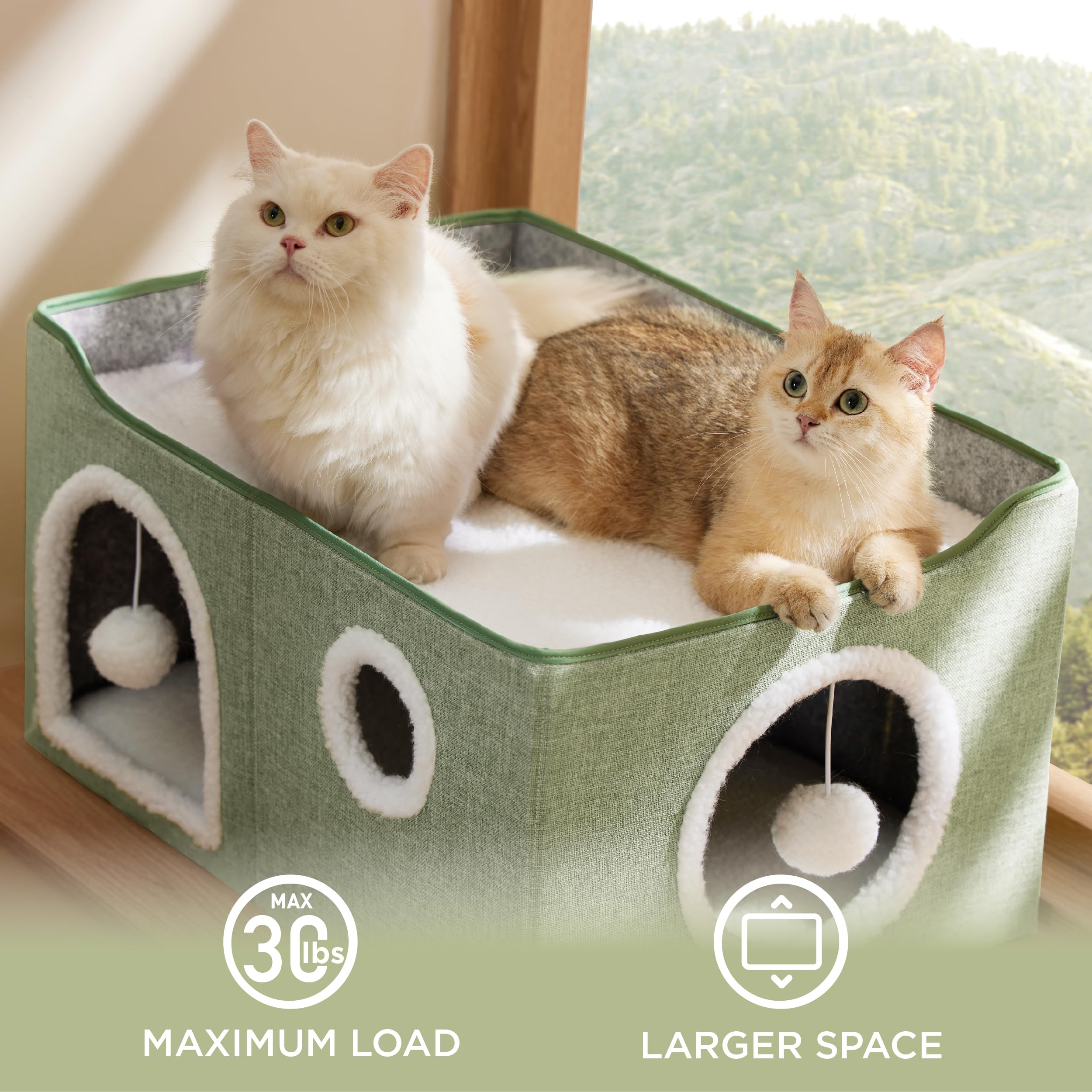 Large Cat Beds for Indoor Cats - Extra Wide Cat Cube House for Small Pet with Fluffy Ball Hanging and Scratch Pad, Foldable Pet Cave Hideaway for Multiple Cats, 23.6x16.9x13 inches, Green