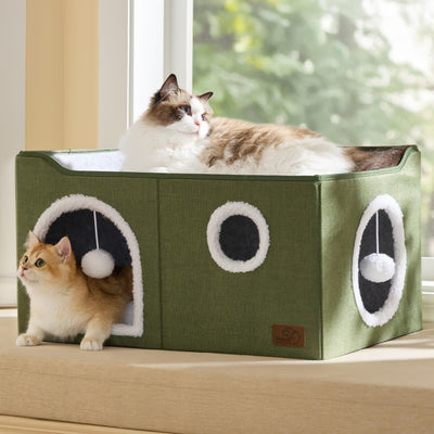 Large Cat Beds for Indoor Cats - Extra Wide Cat Cube House for Small Pet with Fluffy Ball Hanging and Scratch Pad, Foldable Pet Cave Hideaway for Multiple Cats, 23.6x16.9x13 inches