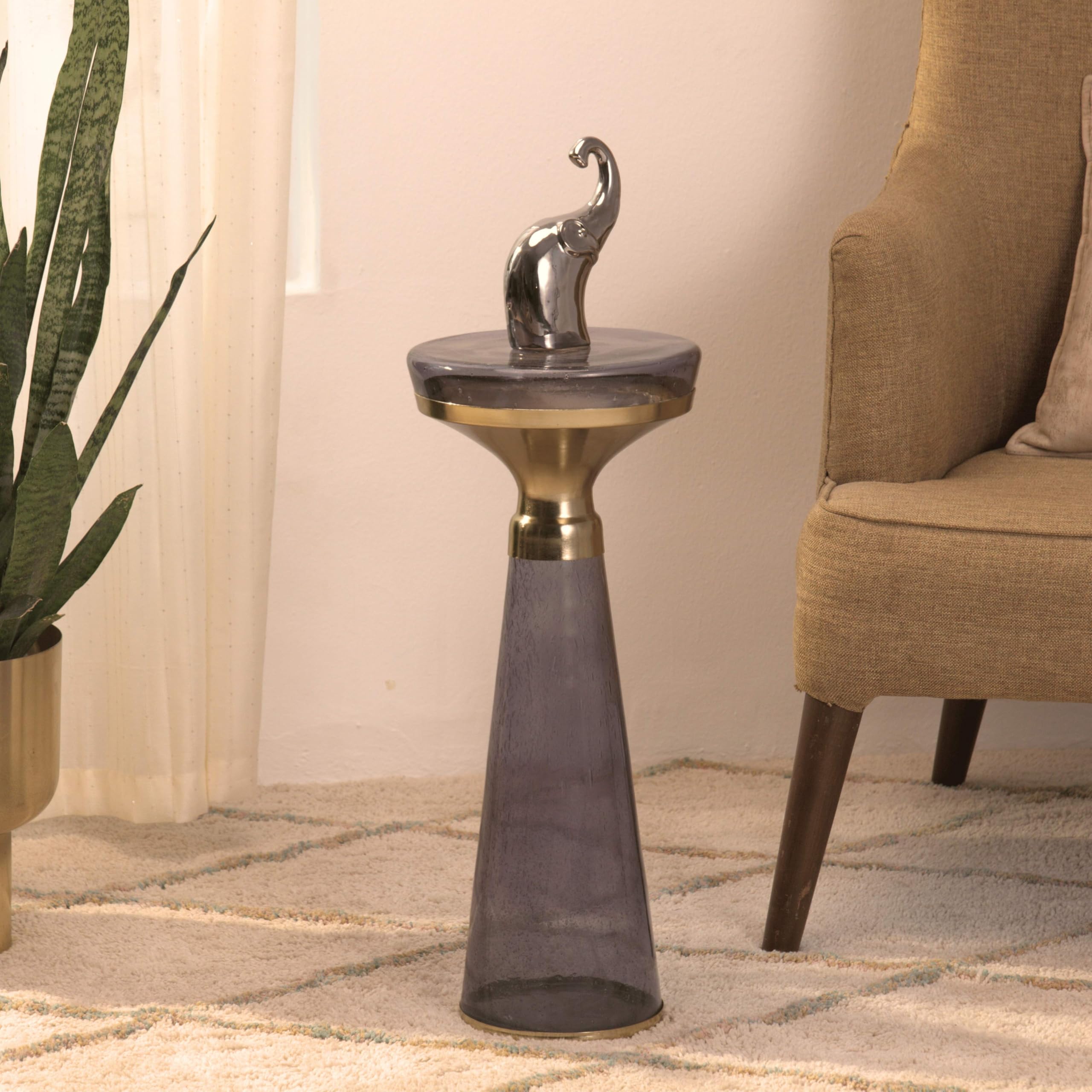 Modern Decorative Round Drink Table with Glass Base and Top with Gold Metal Accent, Martini, Gold Pedestal Table, Tall Side Table, Small Space end Table, for Living Room & Bedroom, Purple,Assembled