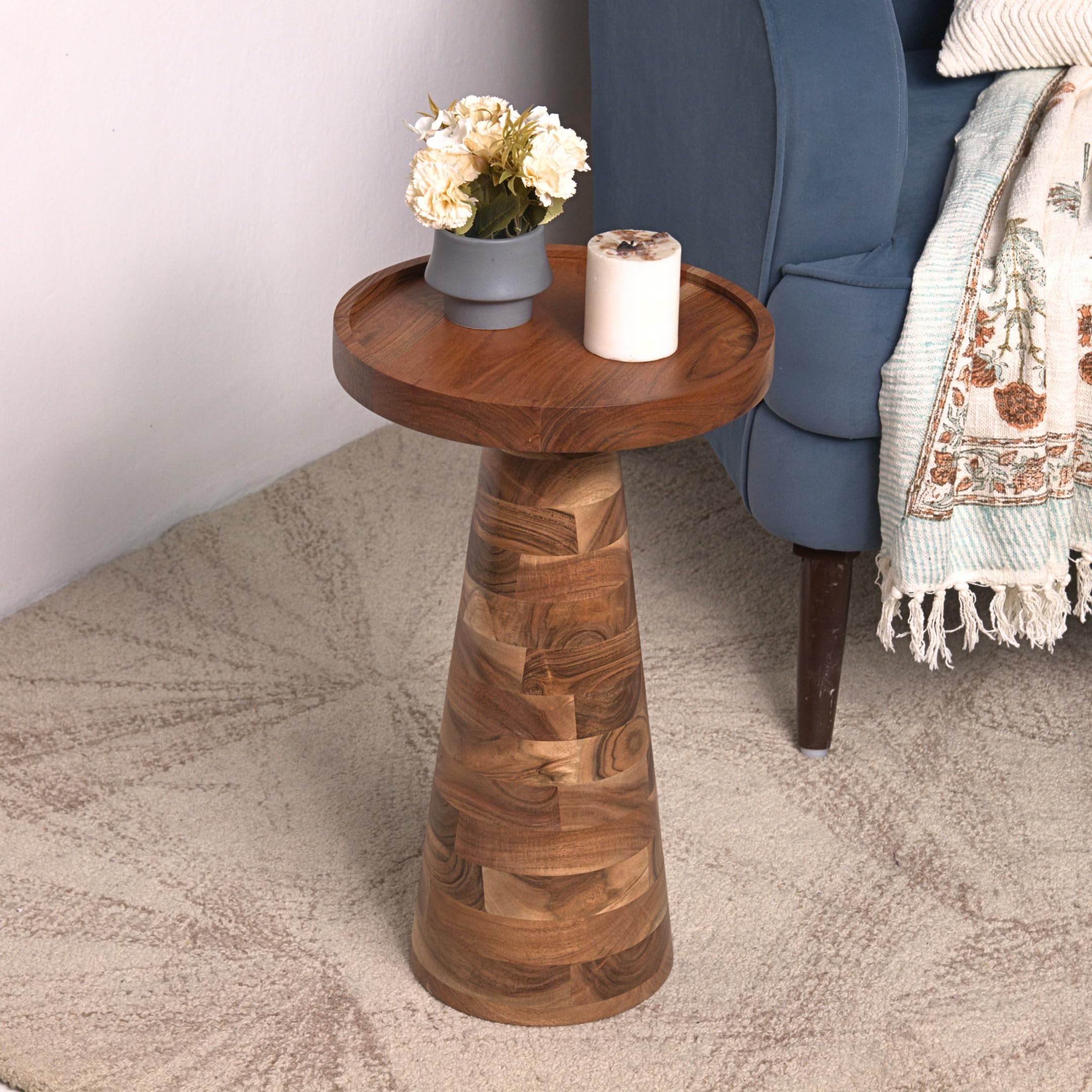 Mid-Century Farmhouse Cottagecore Accent End Table, Solid Wood Side Table with Tray Top,Pedestal Martini Table, Handmade Plant Stand Rustic Drink Table for Living Room, Bedroom, Natural,Assembled