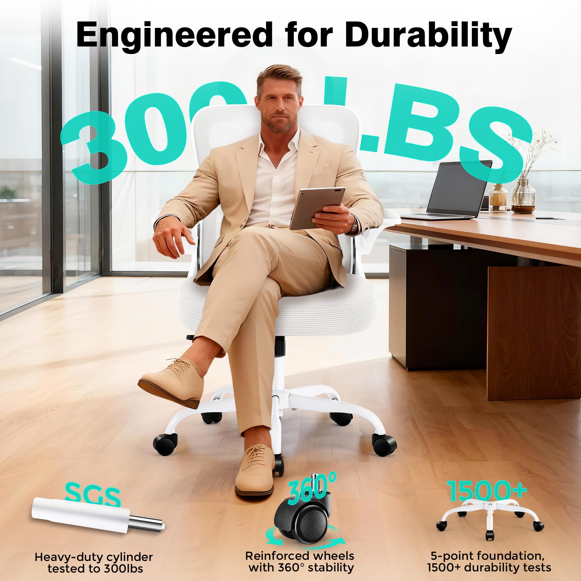 Office Chair - Ergonomic Breathable Mesh Desk Chair with Adjustable Lumbar Support and Flip-up Armrests - Executive High Back Rolling Swivel Comfortable Computer Gaming Chair for Home Office