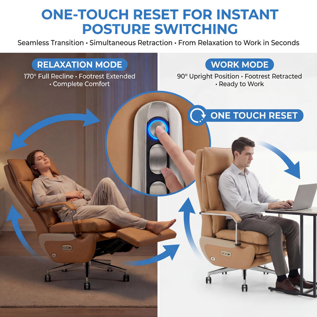 Dual Motor Executive Home Reclining Office Chair with Footrest - One-Click Electric Recline with Massage & Pillow Support Big and Tall PU Leather Ergonomic Desk Chair, High Back Wide Seat (Brown)