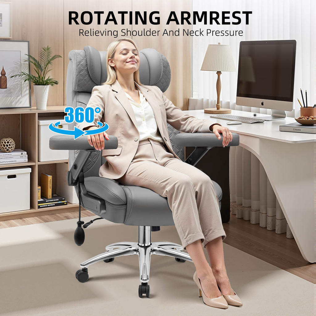 Office Chair, 5D Flip Arm Ergonomic Desk Chair with Adjustable Lumbar Support for Back Pain, Extra Wide 500LBS Comfy Big and Tall Office Chair, Executive Leather Computer Game Chair for Heavy People