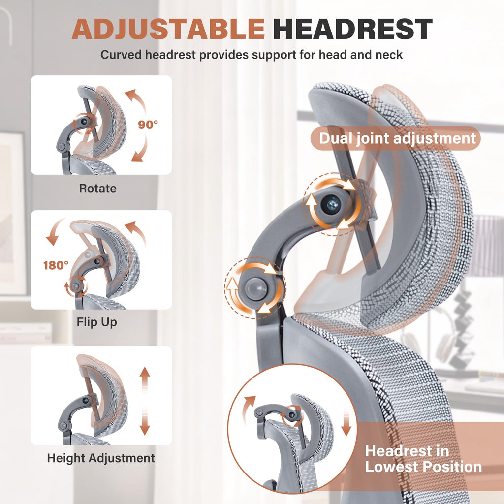 Ergonomic Office Chair with Footrest-Mesh Desk Chair with Adjustable Headrest, 5D Armrests, 3D Lumbar Support & Adjustable Backrest, High Back Swivel Computer Chairs, Heavy Duty Metal Base 400lbs