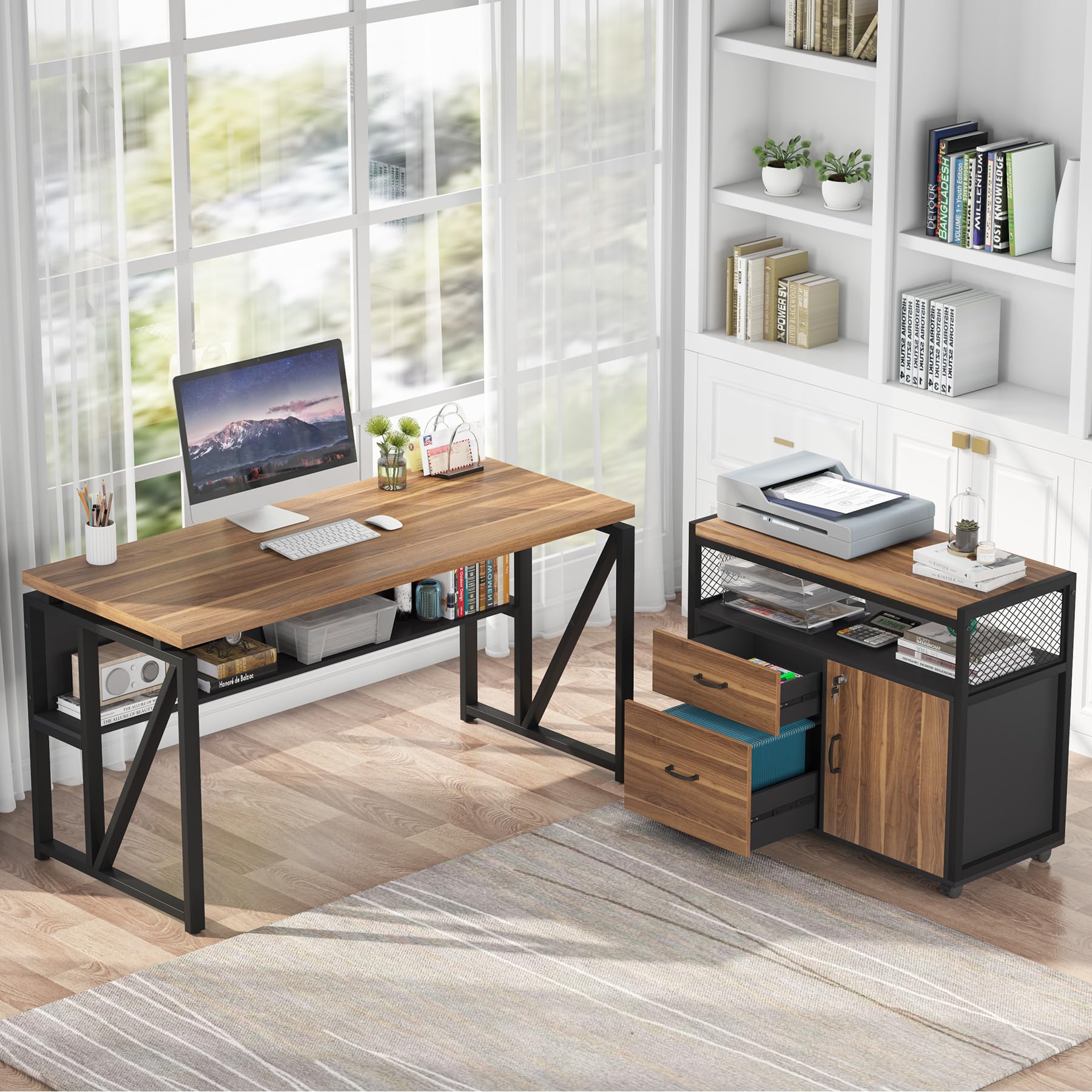 55-inch L Shaped Desk with Drawer Cabinet, Executive Computer Desk and lateral File Cabinet, 2 Piece Home Office Furniture with Drawers for Hanging File, Doors with Locks (Brown, 55 inches)