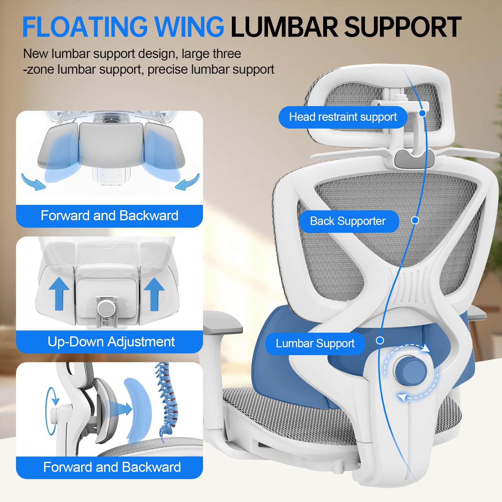 Ergonomic Mesh Office Chair, Home Desk Chair Comfy with Adjustable Lumbar Support 3D Headrest and Armrests, Reclining Big and Tall High Back Computer Gaming Chairs for Man Women, 350lbs Grey