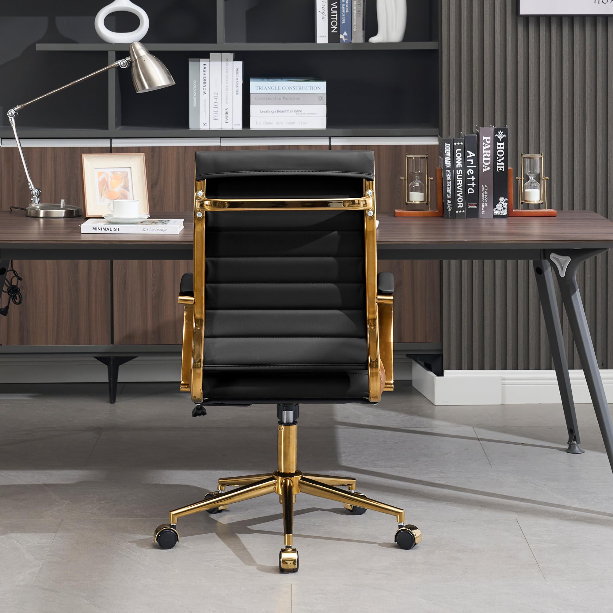 Gold Office Desk Chair, Ergonomic Leather Modern Conference Room Chairs, Executive Ribbed Height Adjustable Swivel Rolling Golden Chair for Home Office.
