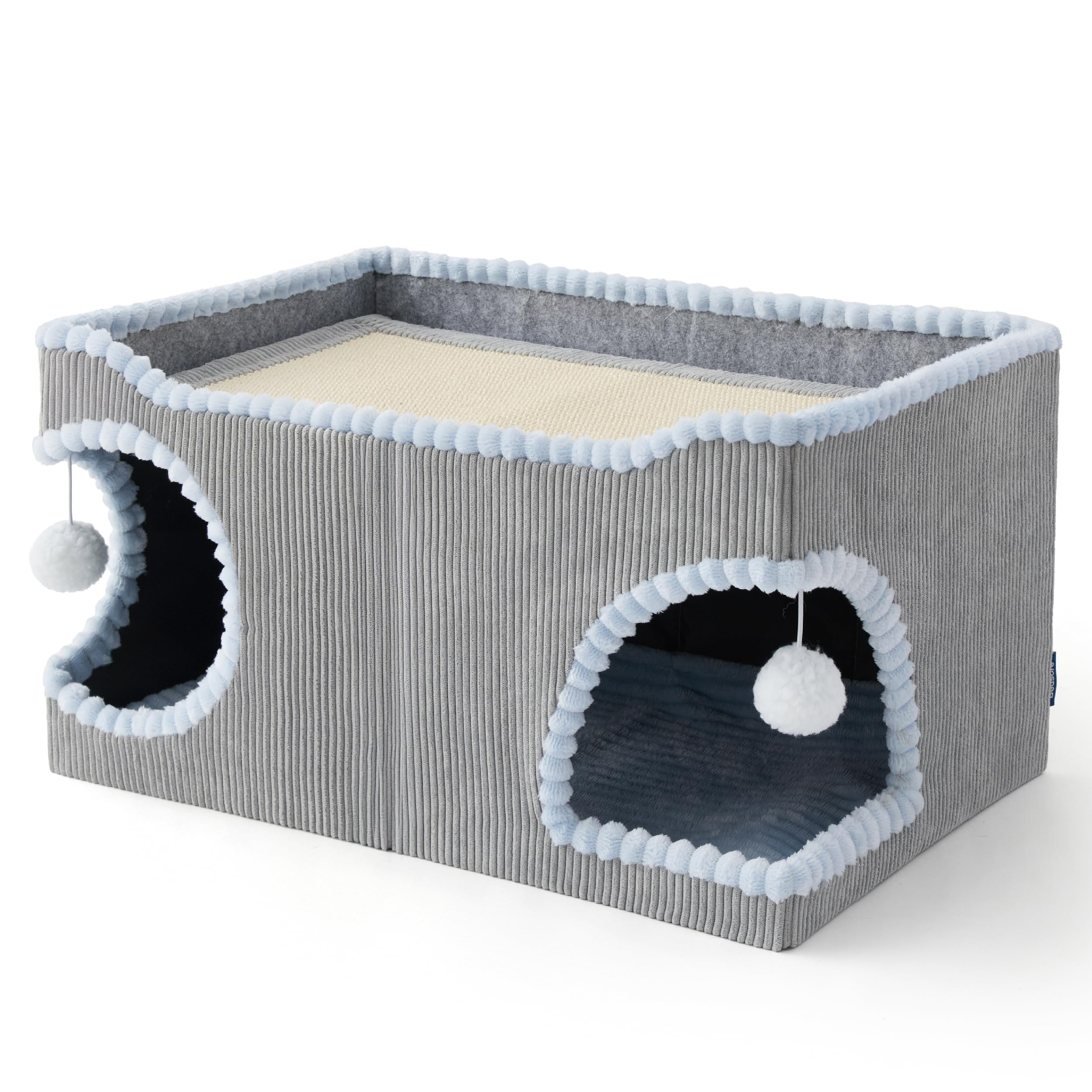 Large Cat Beds for Indoor Cats - Extra Wide Cat House with Scratch Removable Top Sisal Pad for Multi Cats, Foldable Cave Hideaway for Entertainment, 23.6x15.9x12.6inches, Grey