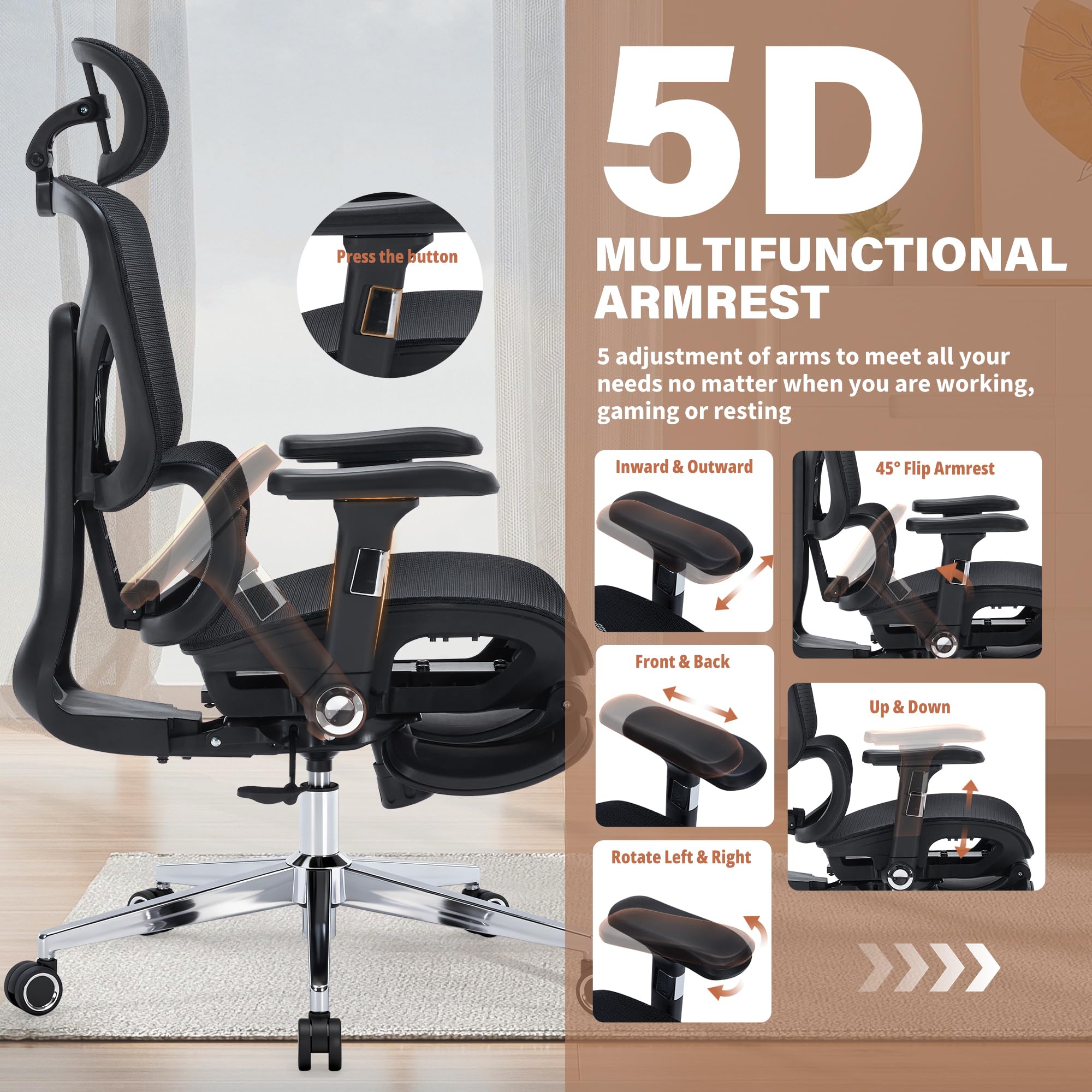 Ergonomic Office Chair with Footrest-Mesh Desk Chair with Adjustable Headrest, 5D Armrests, 3D Lumbar Support & Adjustable Backrest, High Back Swivel Computer Chairs, Heavy Duty Metal Base 400lbs