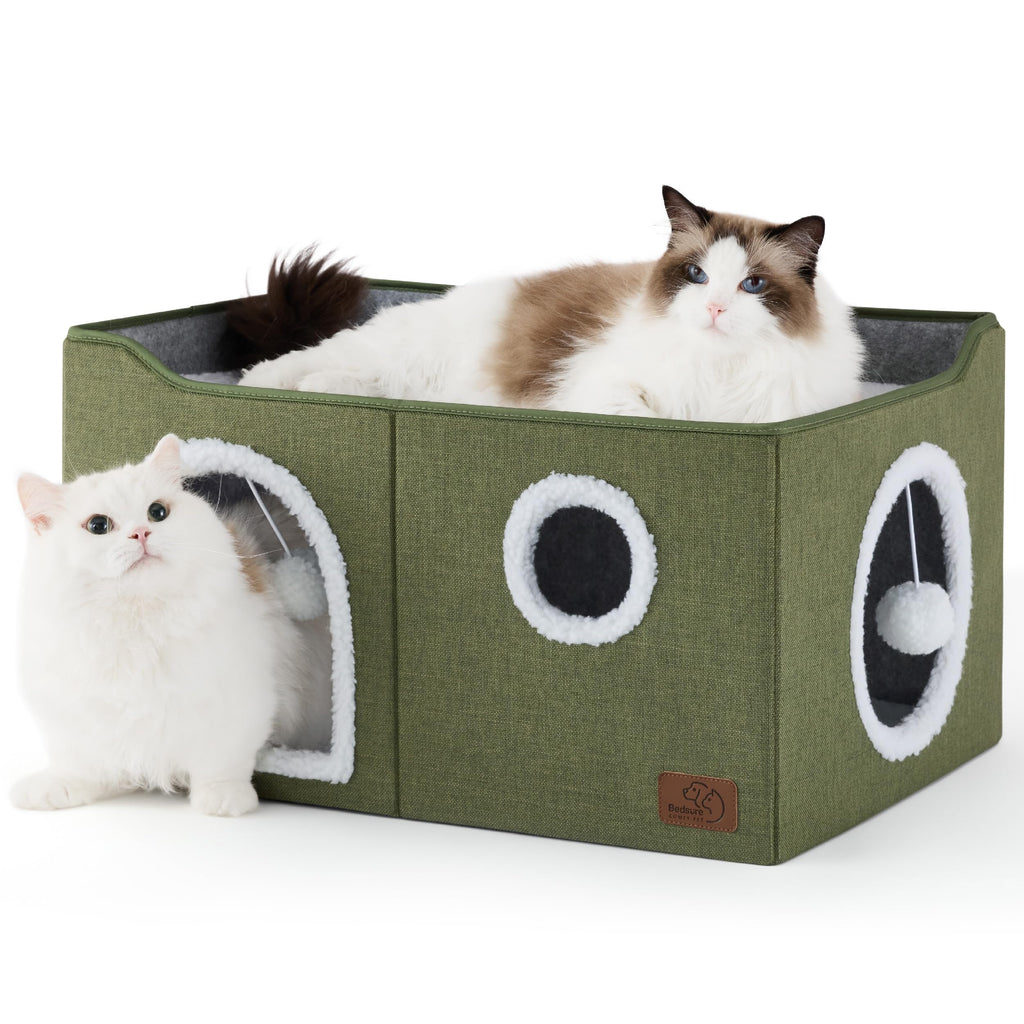 Large Cat Beds for Indoor Cats - Extra Wide Cat Cube House for Small Pet with Fluffy Ball Hanging and Scratch Pad, Foldable Pet Cave Hideaway for Multiple Cats, 23.6x16.9x13 inches