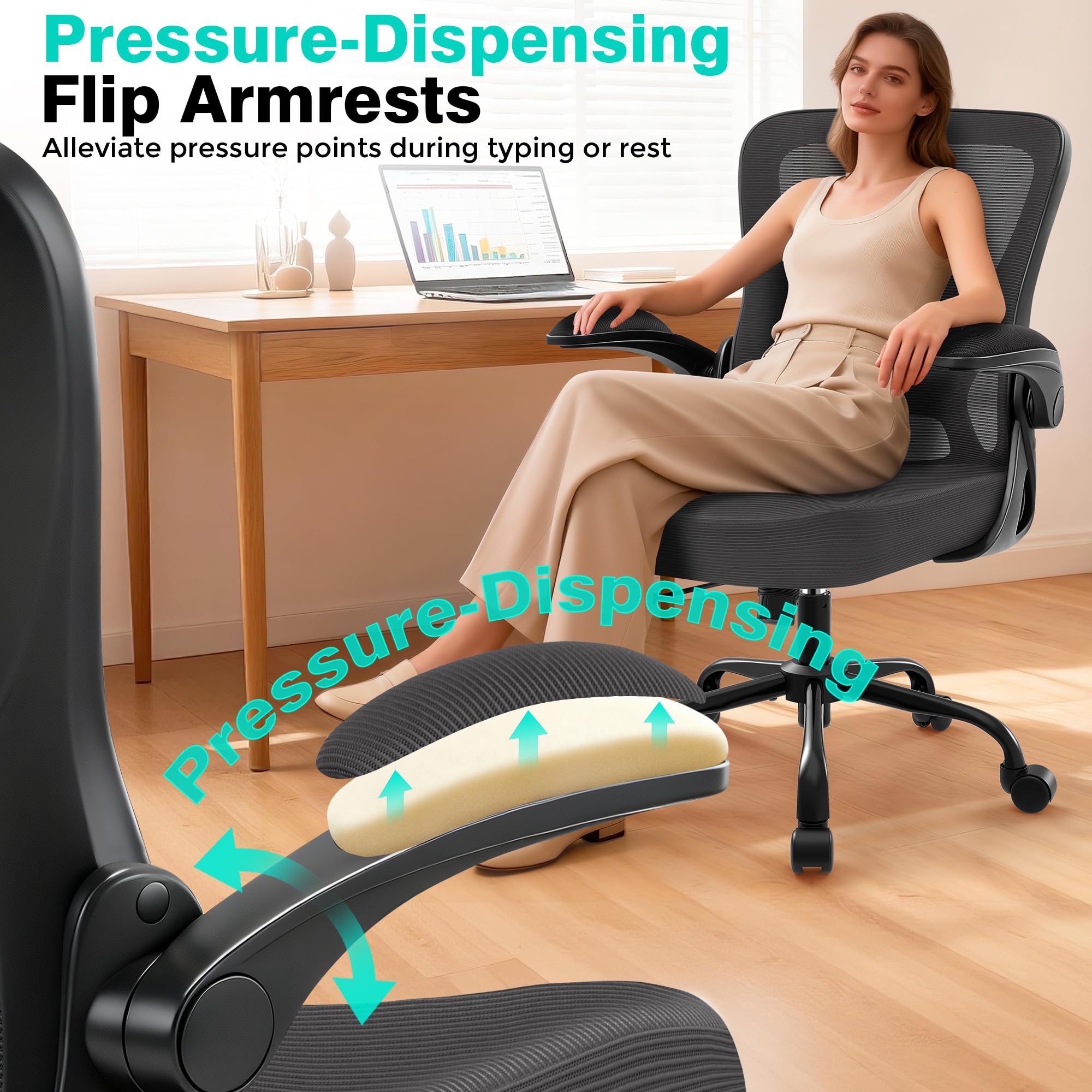 Office Chair - Ergonomic Breathable Mesh Desk Chair with Adjustable Lumbar Support and Flip-up Armrests - Executive High Back Rolling Swivel Comfortable Computer Gaming Chair for Home Office
