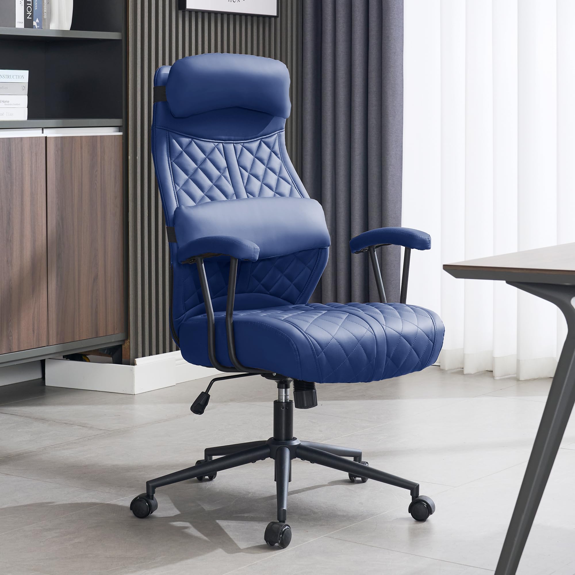 Modern Leather Office Chair, High Back Conference Room Chairs Mid-Century Reclining Office Chairs with Removable Pillow, Padded Executive Office Chair for Home, Office.