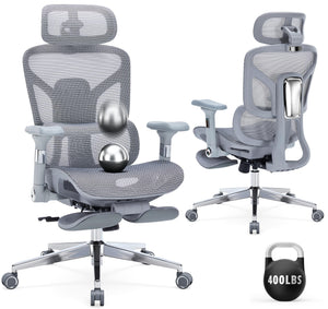 Ergonomic Office Chair with Footrest-Mesh Desk Chair with Adjustable Headrest, 5D Armrests, 3D Lumbar Support & Adjustable Backrest, High Back Swivel Computer Chairs, Heavy Duty Metal Base 400lbs