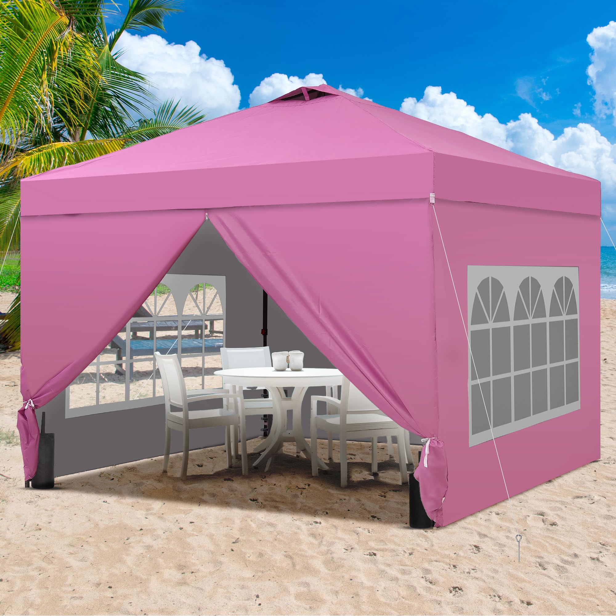 12x12 Pop Up Canopy Tent with 4 Sidewalls, Easy Set up with One Push Lift Gazebo with Wheel Bag and4 Sandbags,Carpas for Events, Parties,Camping, Pink.