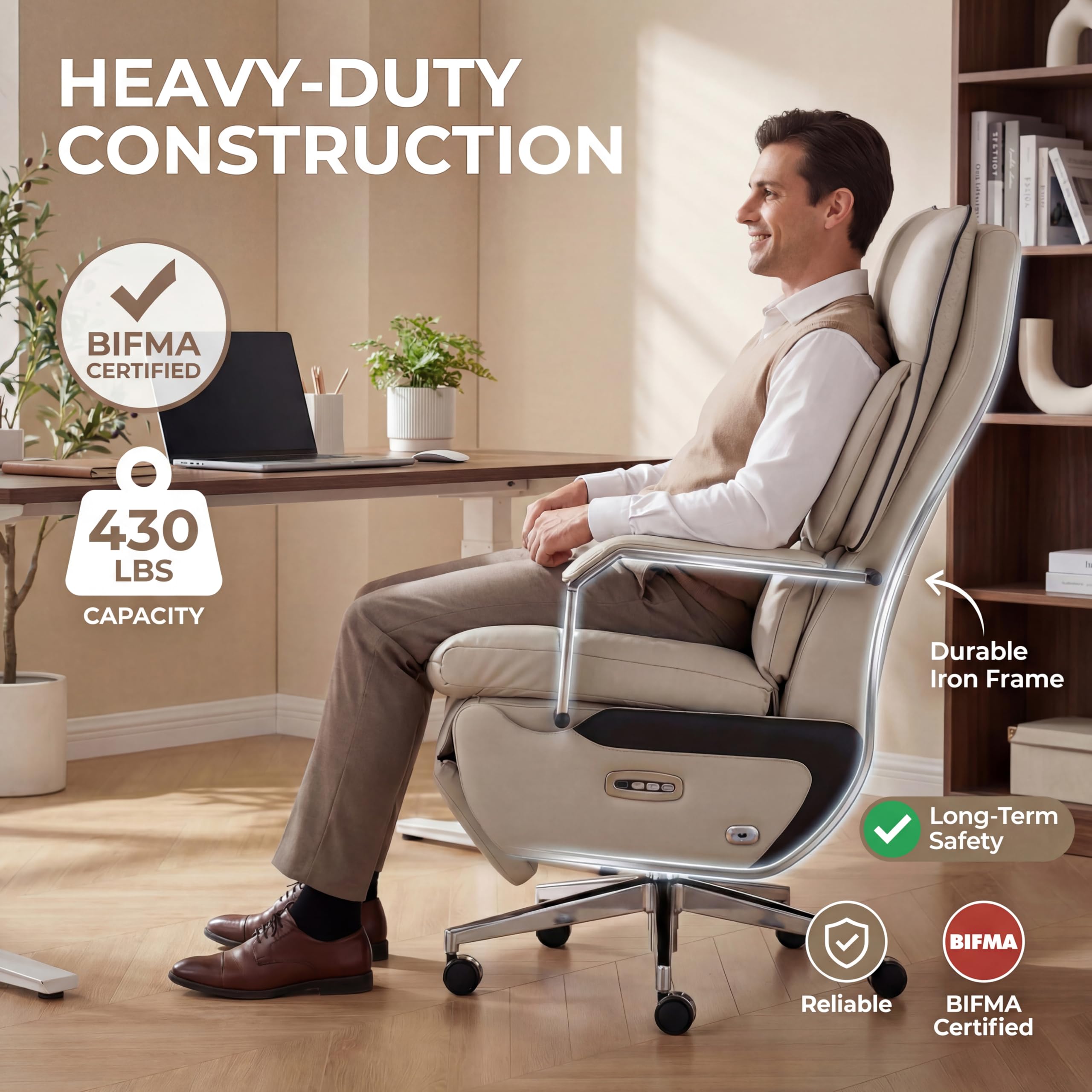 Dual Motor Executive Home Reclining Office Chair with Footrest - One-Click Electric Recline with Massage & Pillow Support Big and Tall PU Leather Ergonomic Desk Chair, High Back Wide Seat (White)