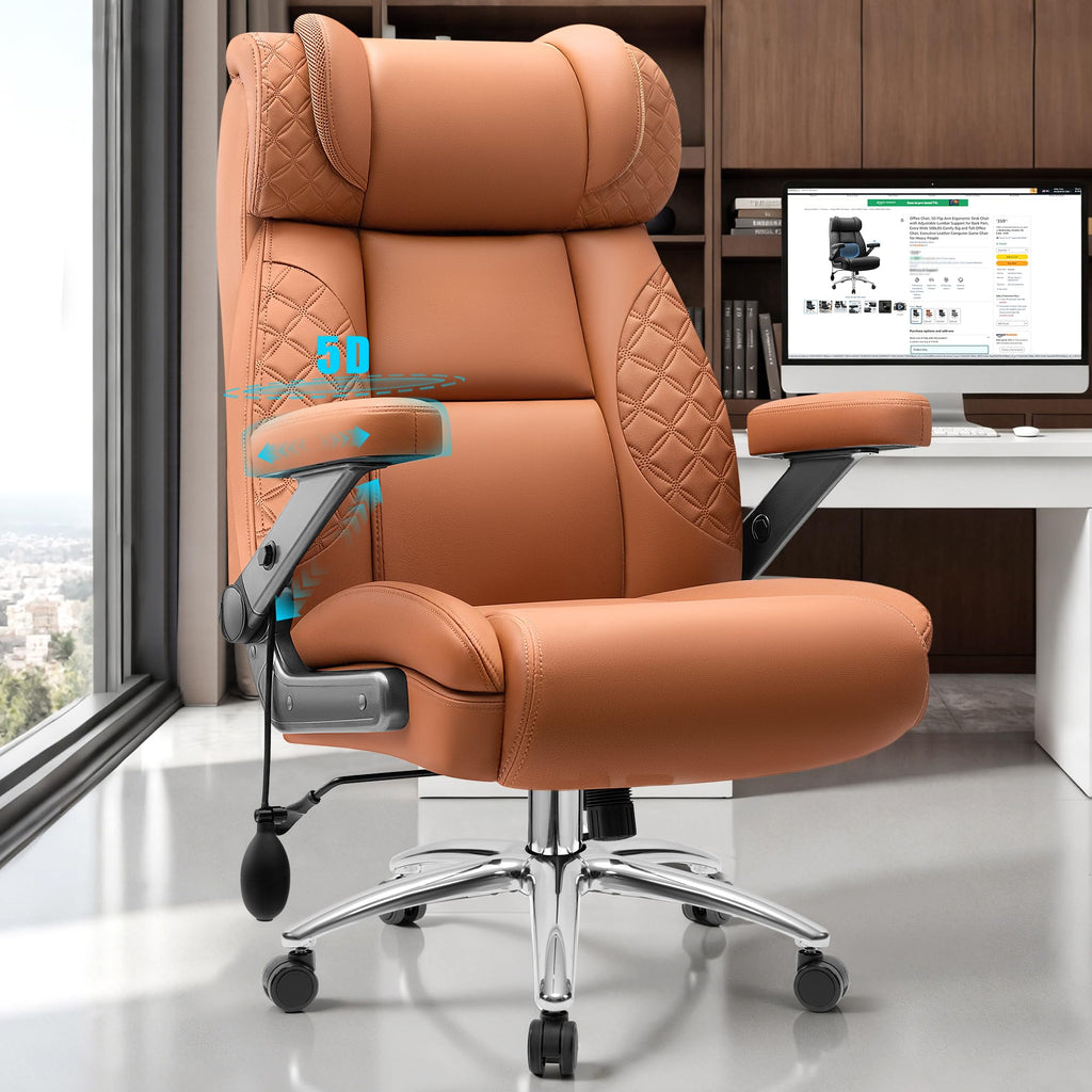 Office Chair, 5D Flip Arm Ergonomic Desk Chair with Adjustable Lumbar Support for Back Pain, Extra Wide 500LBS Comfy Big and Tall Office Chair, Executive Leather Computer Game Chair for Heavy People
