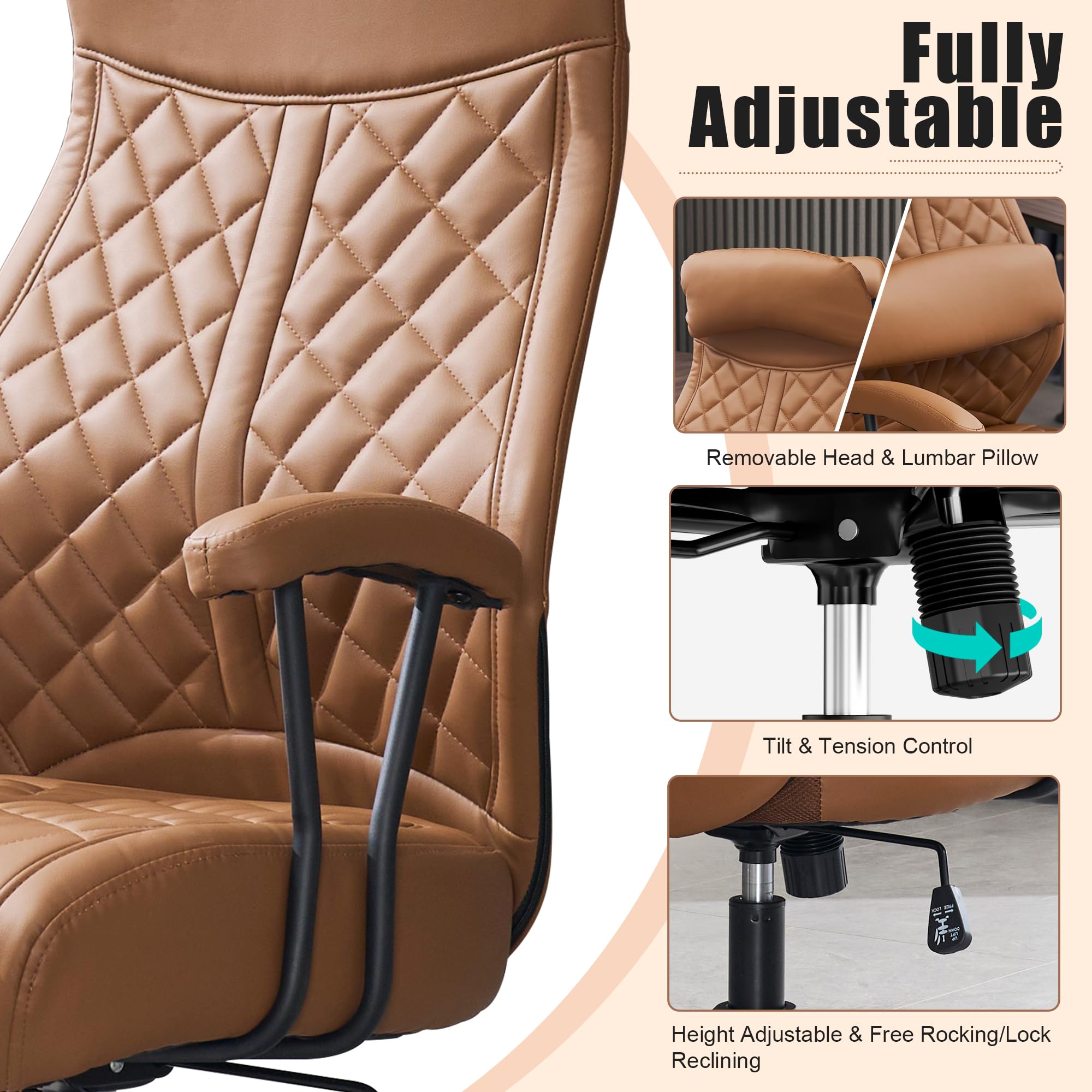 Modern Leather Office Chair, High Back Conference Room Chairs Mid-Century Reclining Office Chairs with Removable Pillow, Padded Executive Office Chair for Home, Office.