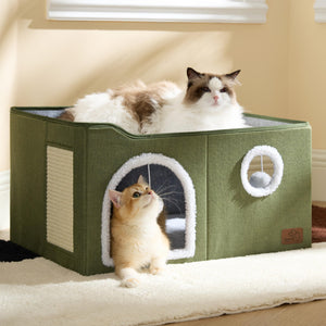 Large Cat Beds for Indoor Cats - Extra Wide Cat Cube House for Small Pet with Fluffy Ball Hanging and Scratch Pad, Foldable Pet Cave Hideaway for Multiple Cats, 23.6x16.9x13 inches