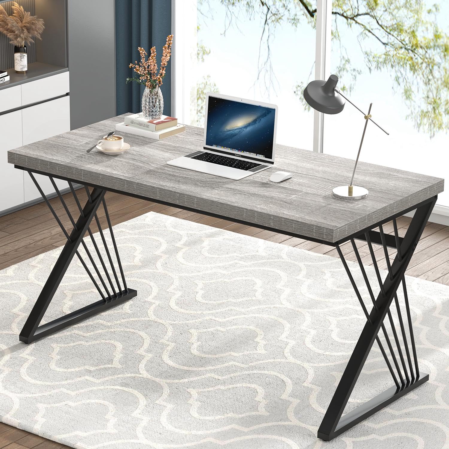Modern Desk, Rustic Wood and Metal Computer Desk for Home Office, Simple Study Writing Gaming Table for Bedroom Living Room, Light Grey, 53 Inch