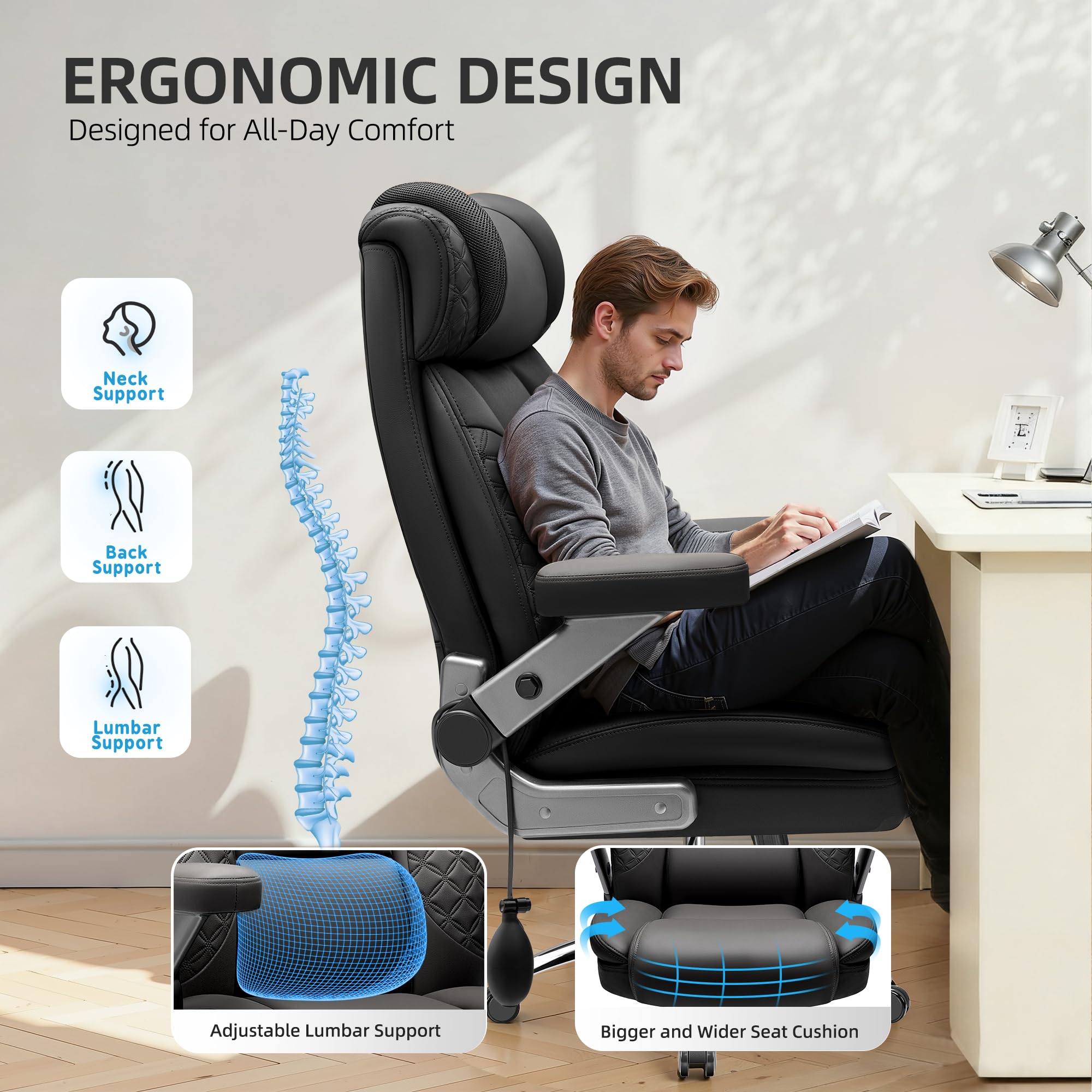 Office Chair Big and Tall, Desk Computer Chair for Heavy People, Oversized Executive Gaming Chair, Extra Wide 500LBS Ergonomic Comfy Office Chair with Adjustable Lumbar Support & 5D Flip Arms