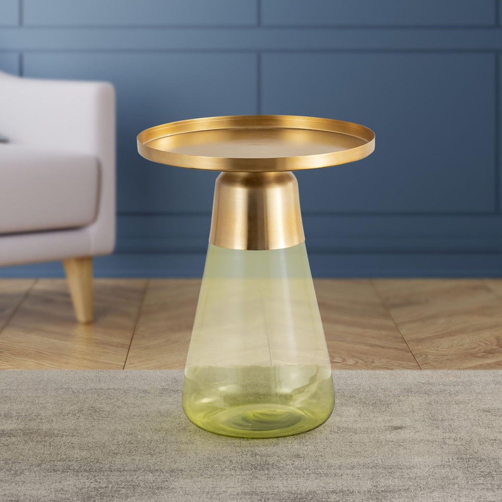 Modern Cylindrical Side Table with Glass Base and Sturdy Gold Metal Top, Round End Table with Tempered Glass, Accent Table, Drink Table, for Living Room & Bedroom, Green,Assembled