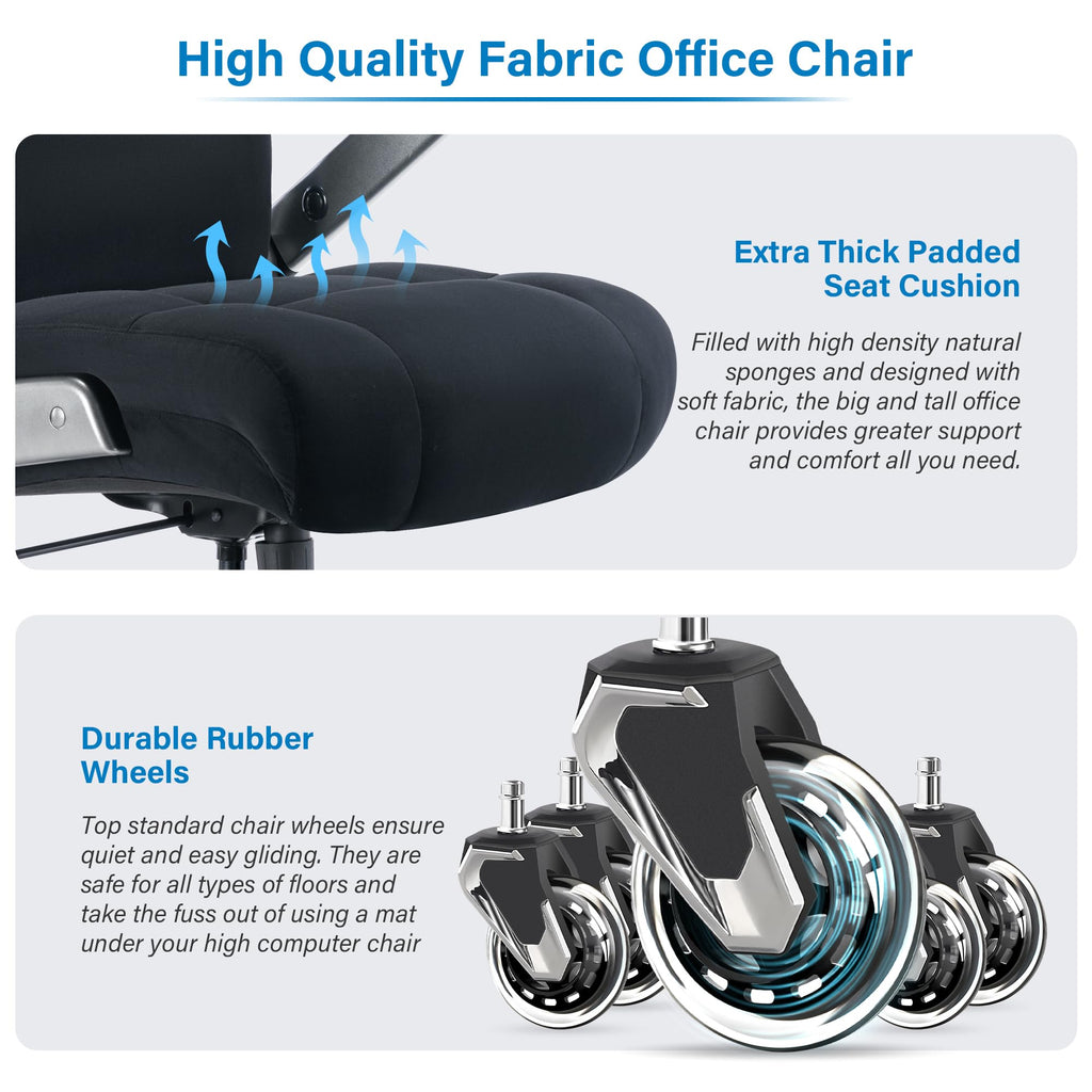 Big and Tall Office Chair 700lbs- Executive Desk Chair with Adjustable Lumbar Support 3D Flip UP Arms- Heavy Duty Quiet Wheels Metal Base Ergonomic Computer Chairs, Black