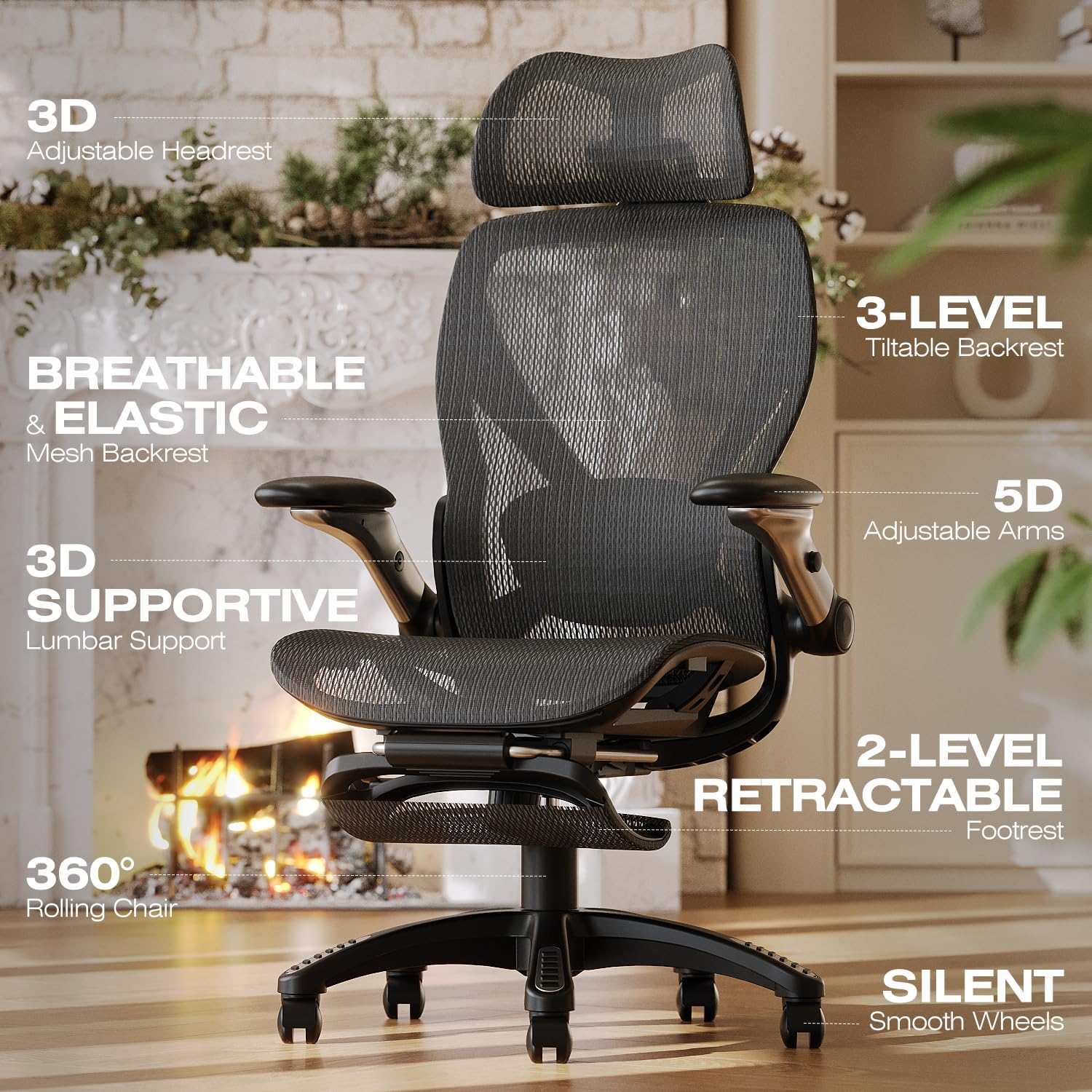 Ergonomic Mesh Office Chair with Footrest, Big and Tall Hone Desk Chair with 5D Flip-Up Arms, Adjustable 3D Lumbar Support,Gaming & Executive Computer Chairs