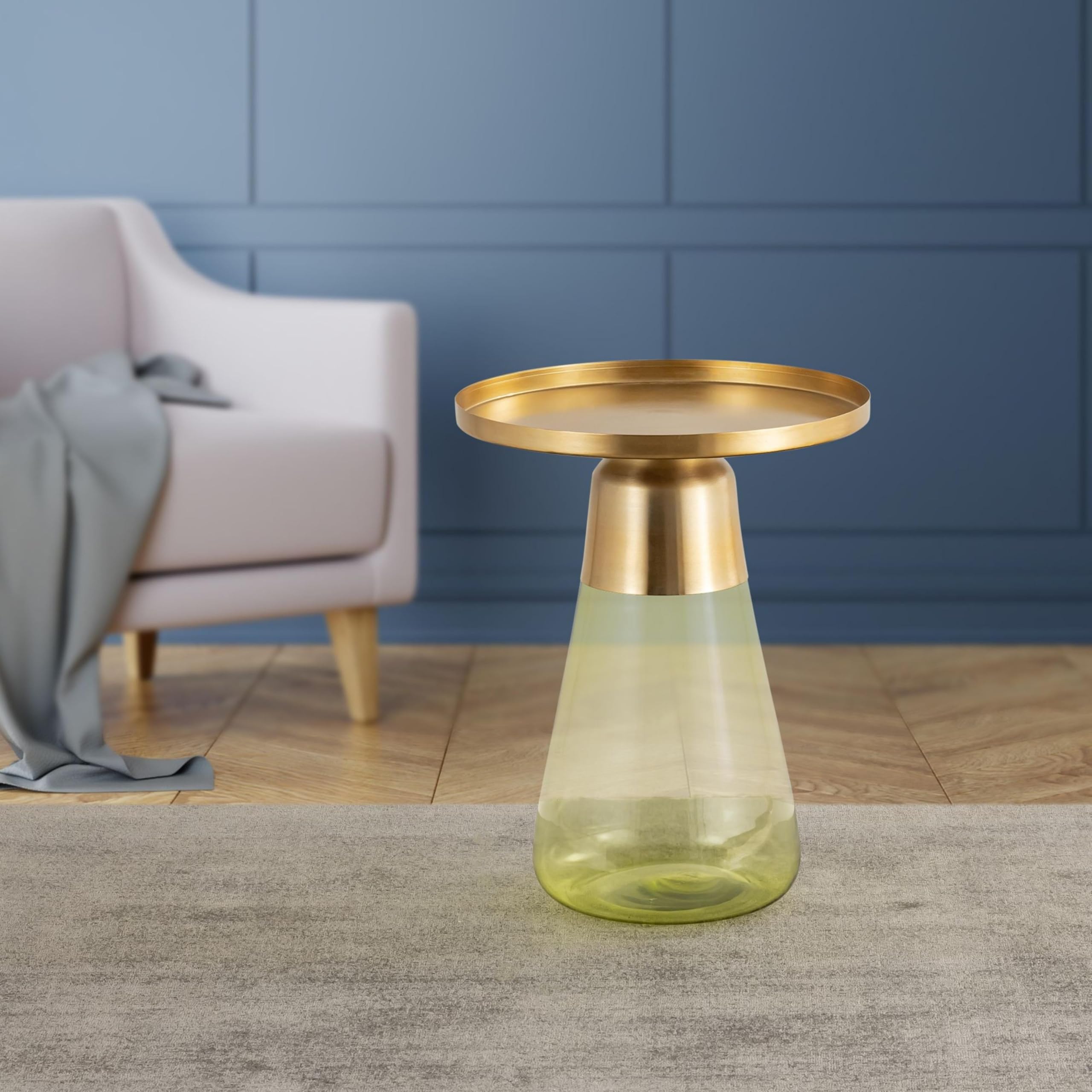 Modern Cylindrical Side Table with Glass Base and Sturdy Gold Metal Top, Round End Table with Tempered Glass, Accent Table, Drink Table, for Living Room & Bedroom, Green,Assembled