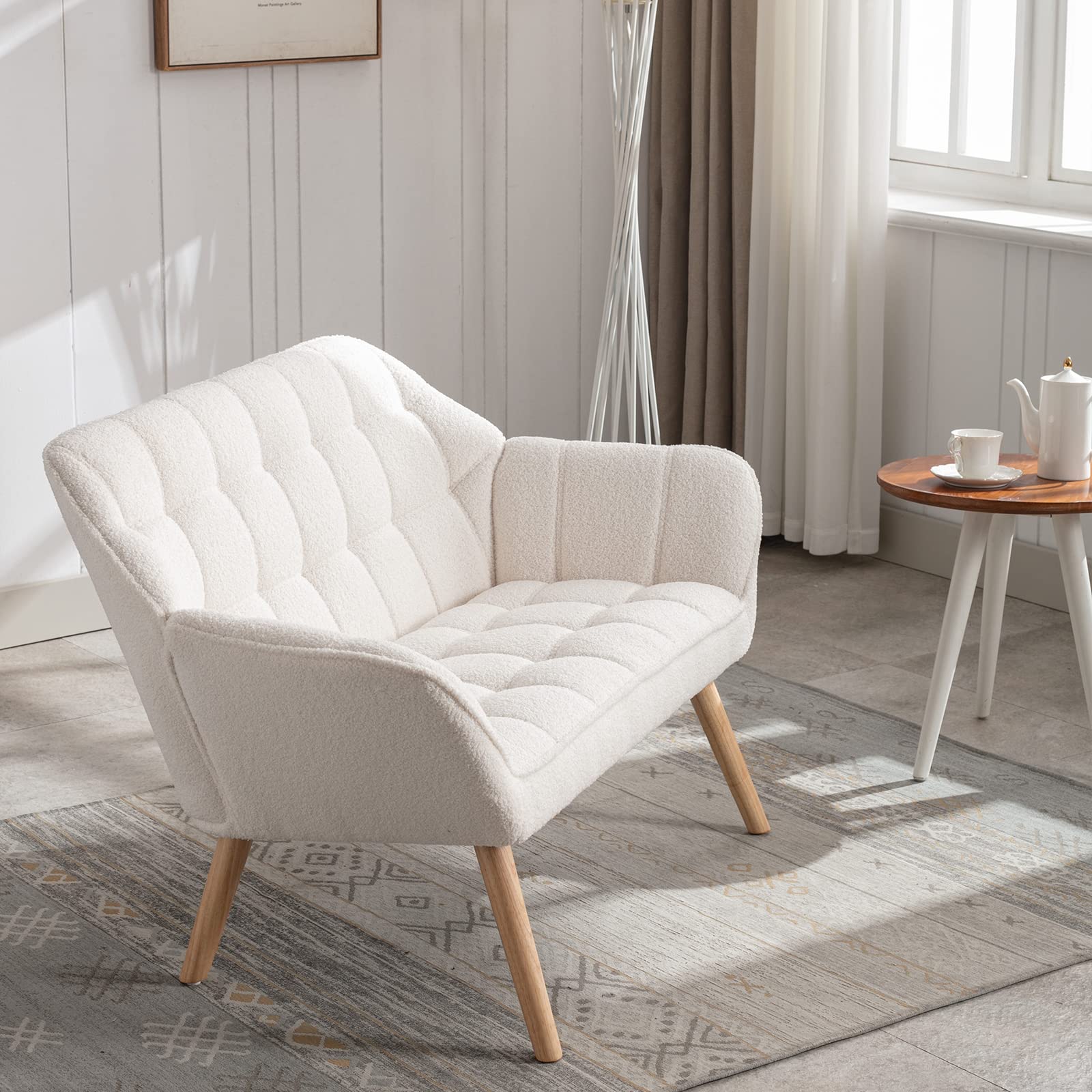 48" Small Loveseat for Small Spaces, Upholstered Fluffy White Loveseat Sofa, Mid Century Modern 2-Seater Couch with Armrest and Wood Legs for Bedroom, Living Room, Apartment, White