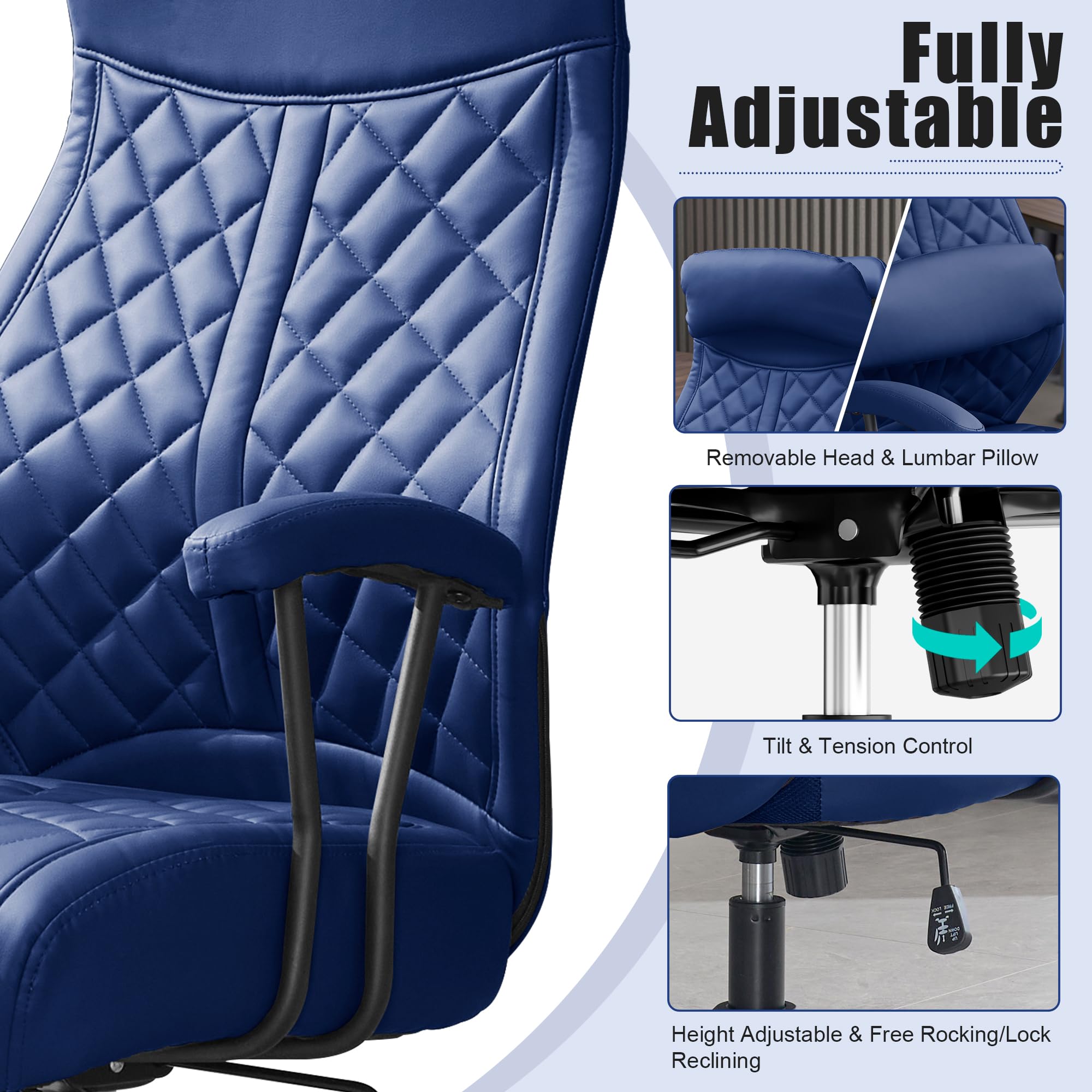 Modern Leather Office Chair, High Back Conference Room Chairs Mid-Century Reclining Office Chairs with Removable Pillow, Padded Executive Office Chair for Home, Office.