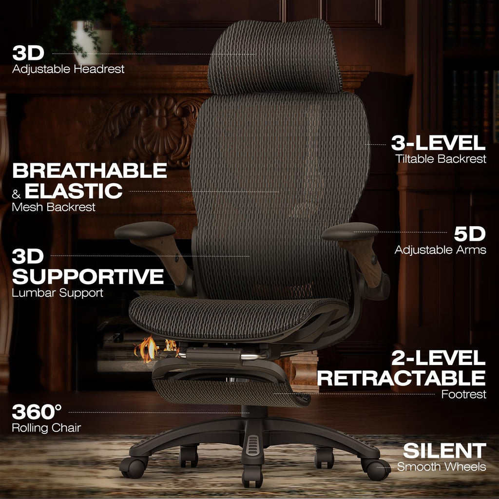 Ergonomic Office Chair with Footrest, Big and Tall Home Desk Chair with 5D Flip-Up Arms, Adjustable 3D Lumbar Support,High Back Rolling Computer Chair, Swivel Mesh Chairs (Library Oak)