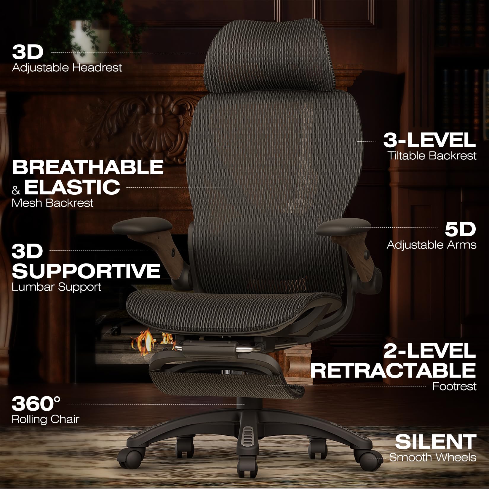 Ergonomic Office Chair with Footrest, Big and Tall Home Desk Chair with 5D Flip-Up Arms, Adjustable 3D Lumbar Support,High Back Rolling Computer Chair, Swivel Mesh Chairs (Library Oak)
