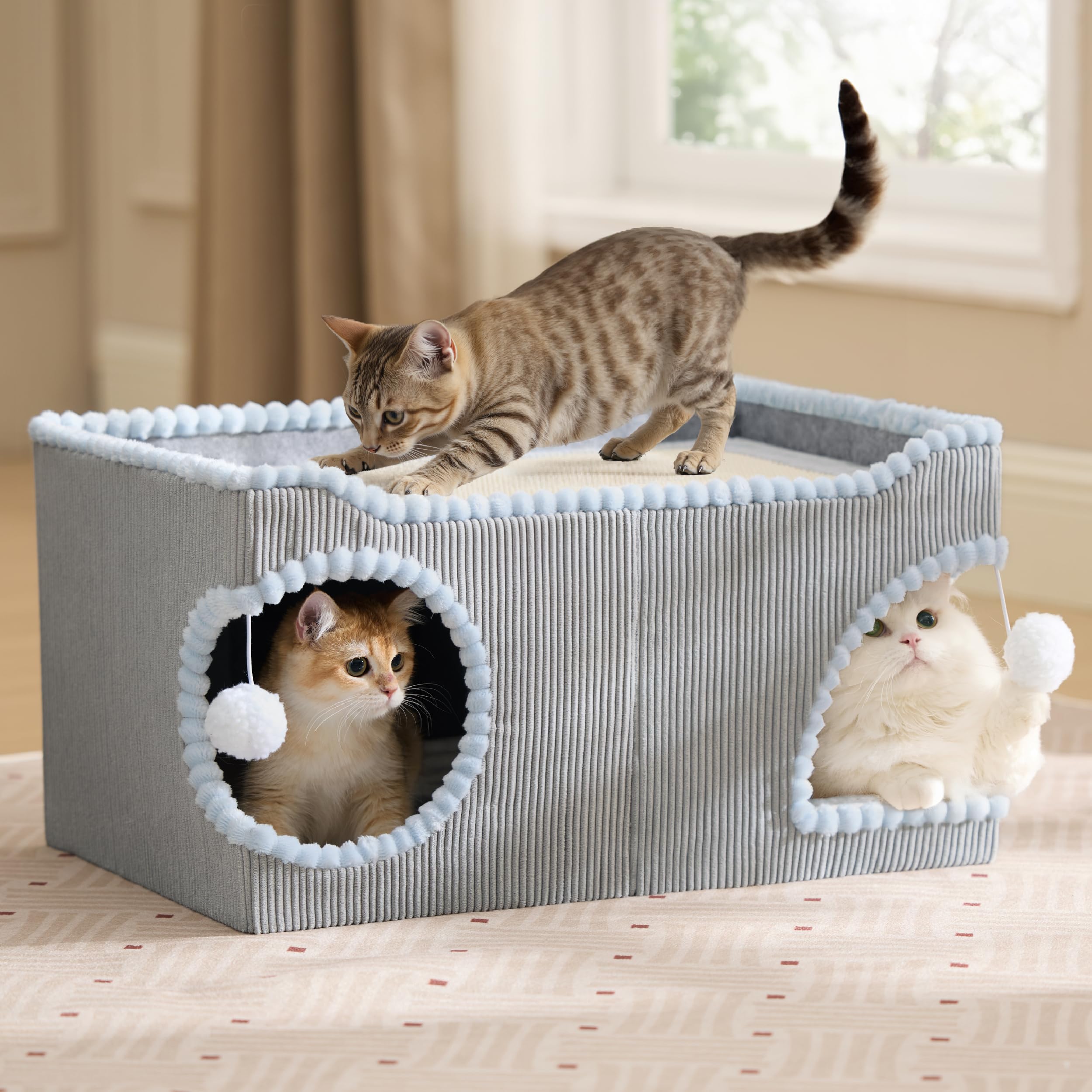 Large Cat Beds for Indoor Cats - Extra Wide Cat House with Scratch Removable Top Sisal Pad for Multi Cats, Foldable Cave Hideaway for Entertainment, 23.6x15.9x12.6inches, Grey
