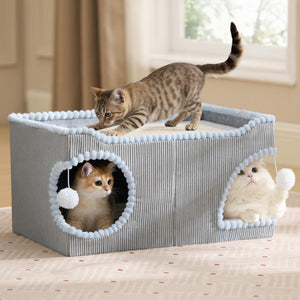 Large Cat Beds for Indoor Cats - Extra Wide Cat House with Scratch Removable Top Sisal Pad for Multi Cats, Foldable Cave Hideaway for Entertainment, 23.6x15.9x12.6inches, Grey