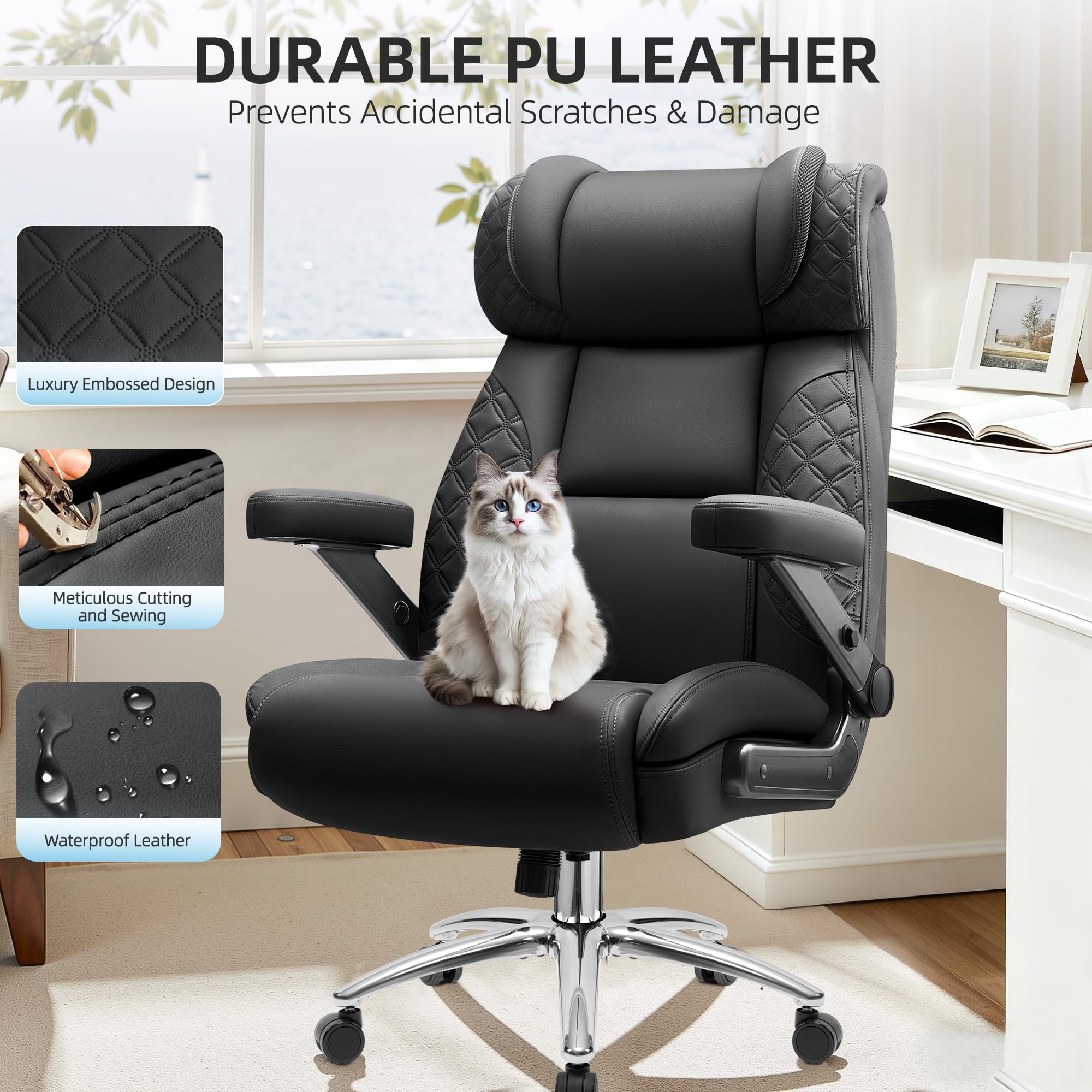 Office Chair Big and Tall, Desk Computer Chair for Heavy People, Oversized Executive Gaming Chair, Extra Wide 500LBS Ergonomic Comfy Office Chair with Adjustable Lumbar Support & 5D Flip Arms