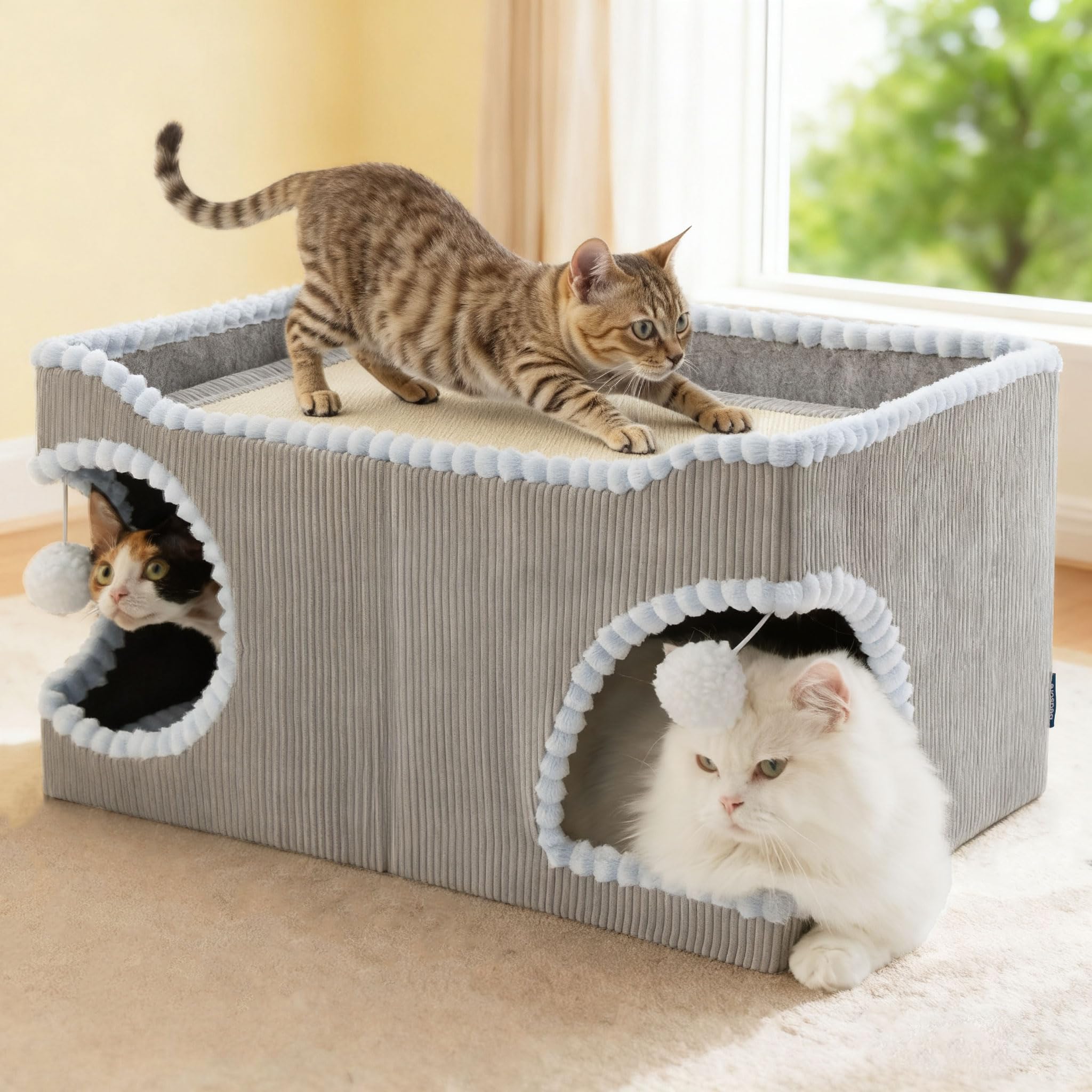 Large Cat Beds for Indoor Cats - Extra Wide Cat House with Scratch Removable Top Sisal Pad for Multi Cats, Foldable Cave Hideaway for Entertainment, 23.6x15.9x12.6inches, Grey
